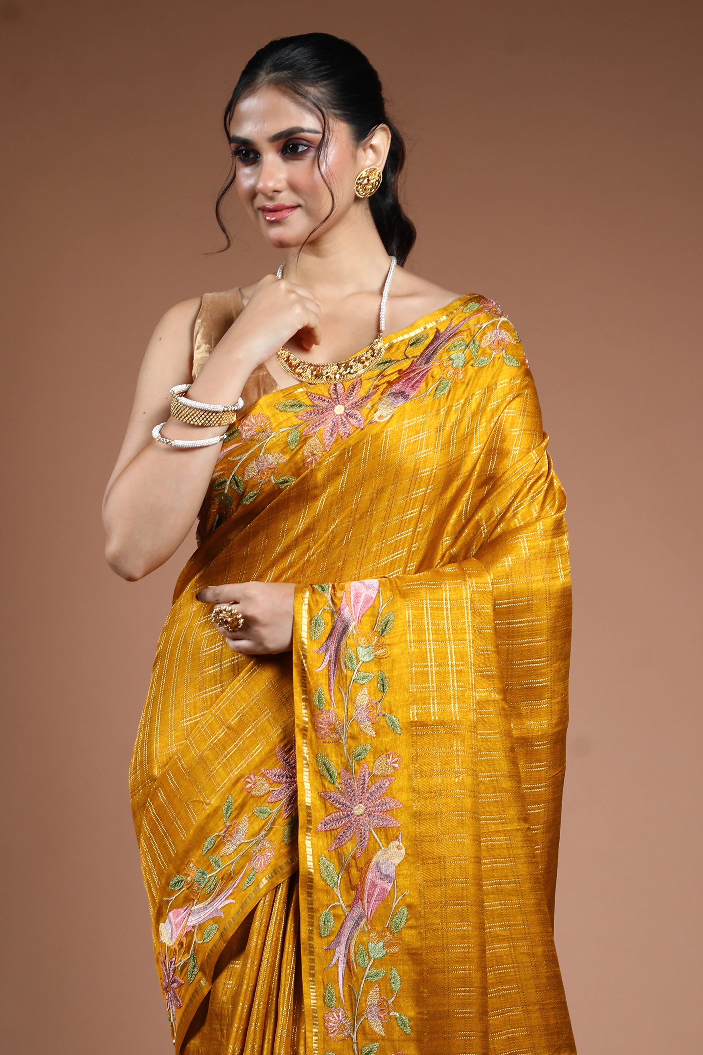Golden Yellow Semi Tussar Saree With Blouse Piece