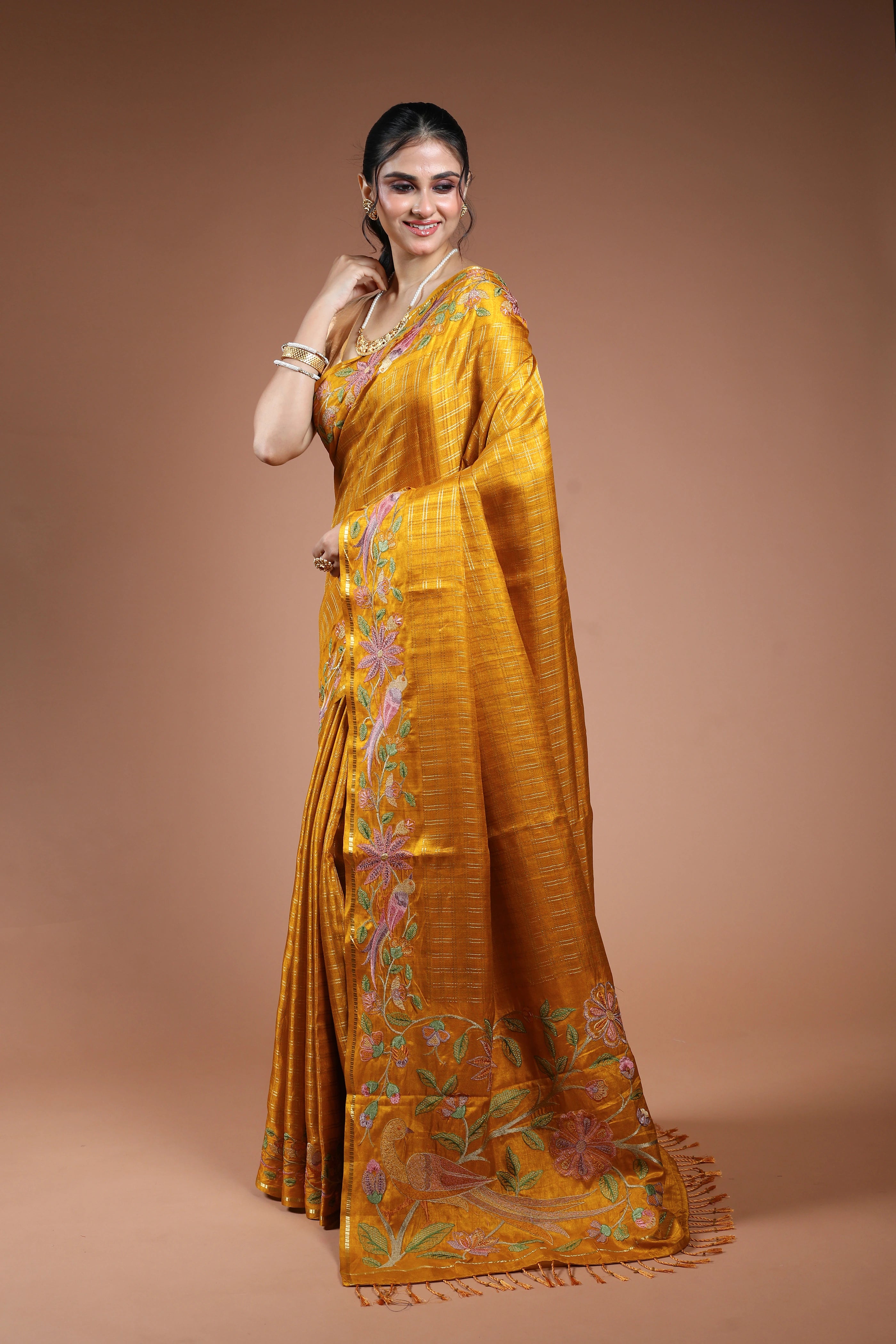 Golden Yellow Semi Tussar Saree With Blouse Piece