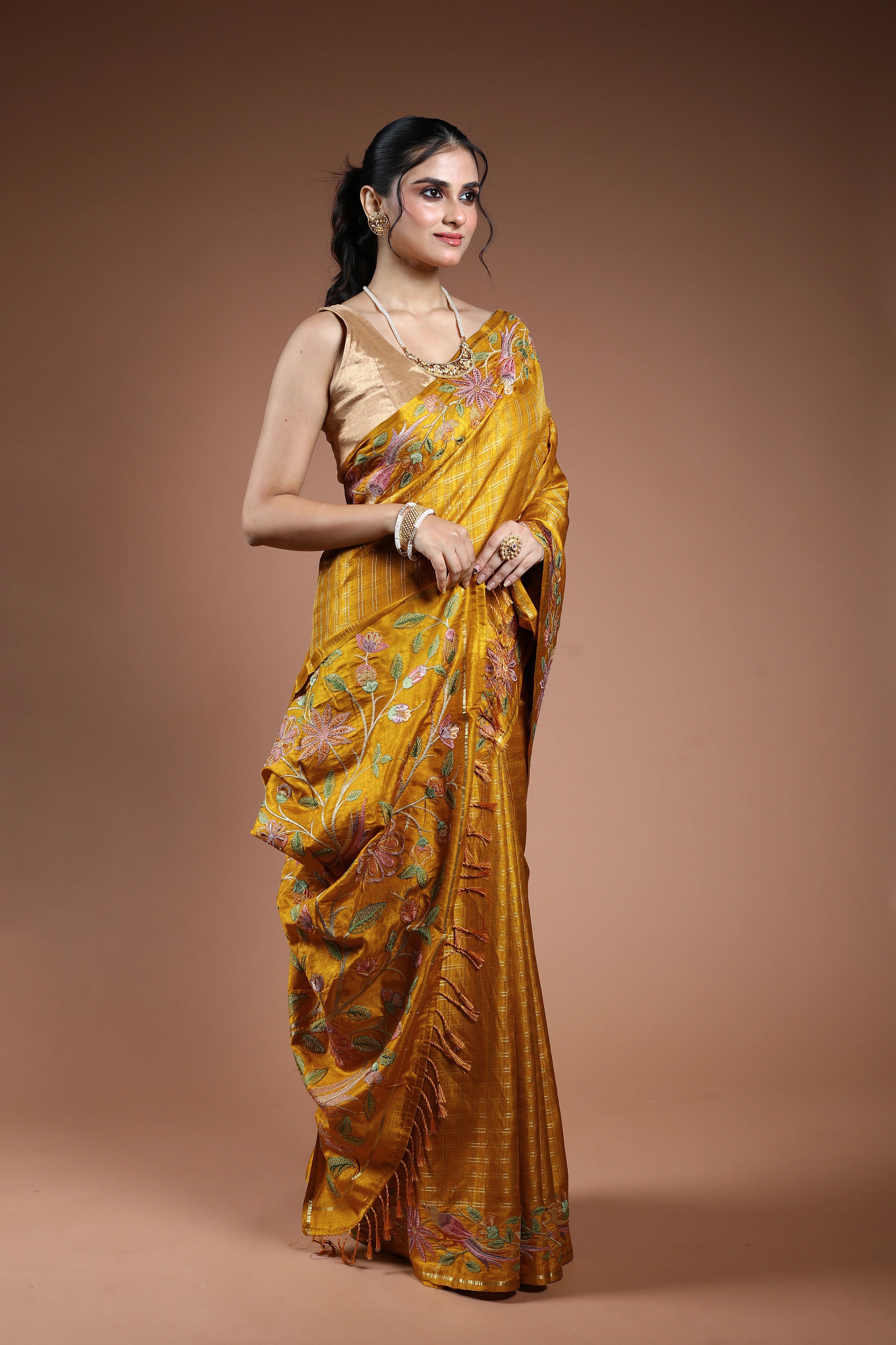 Golden Yellow Semi Tussar Saree With Blouse Piece
