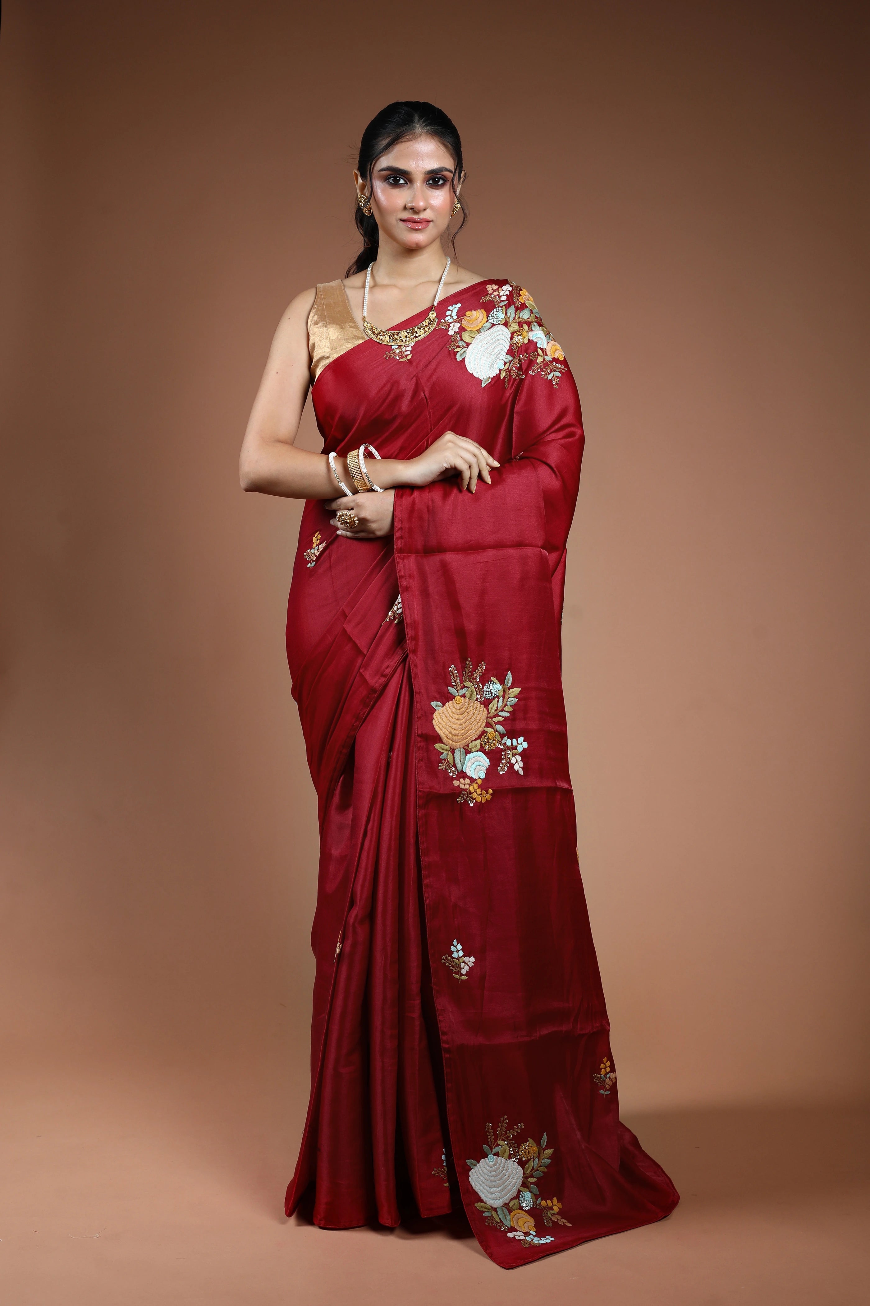 Dark Red Dola Silk Boolean Saree With Blouse Piece