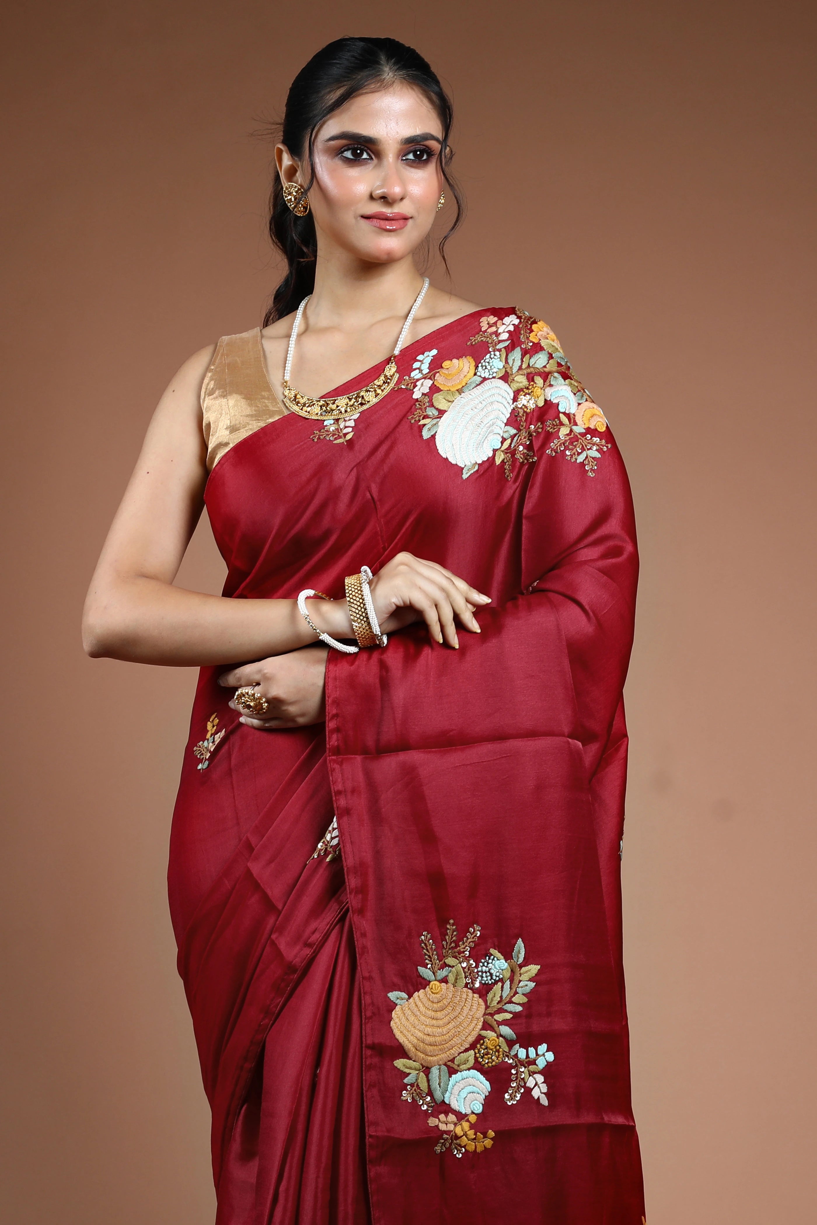 Dark Red Dola Silk Boolean Saree With Blouse Piece