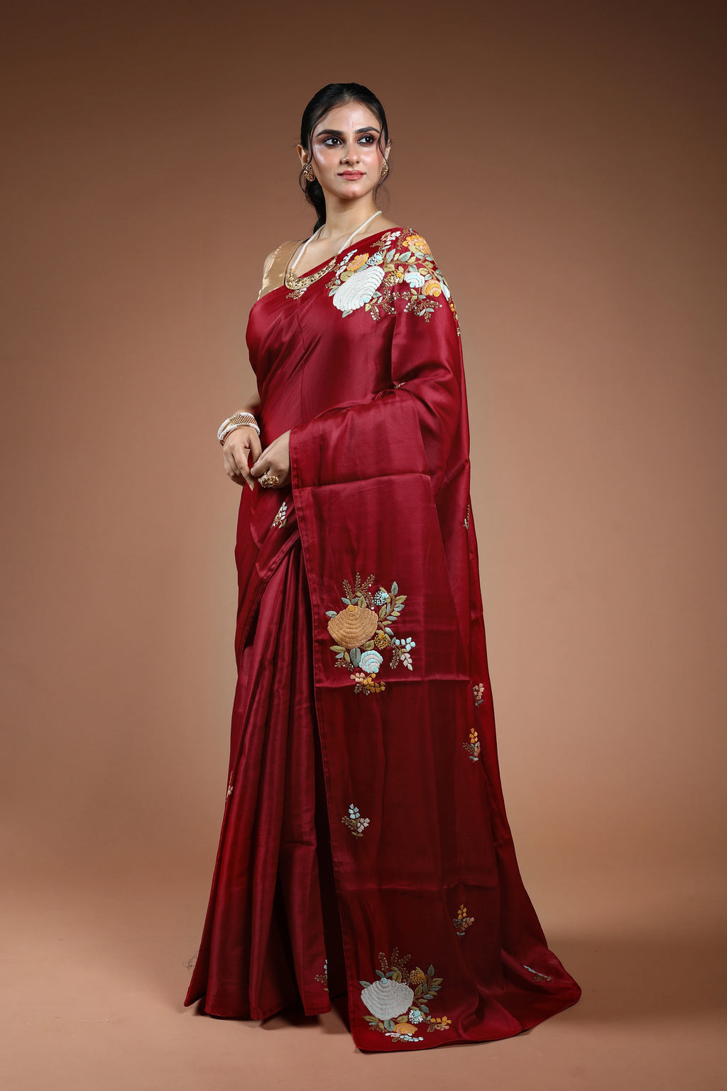 Dark Red Dola Silk Boolean Saree With Blouse Piece