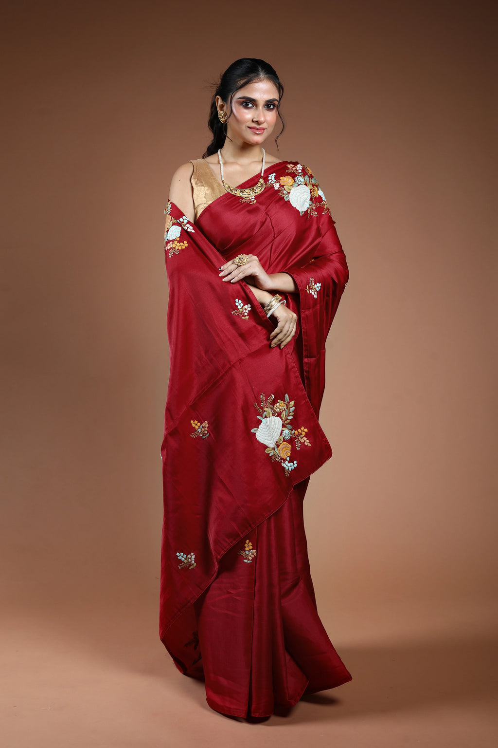 Dark Red Dola Silk Boolean Saree With Blouse Piece