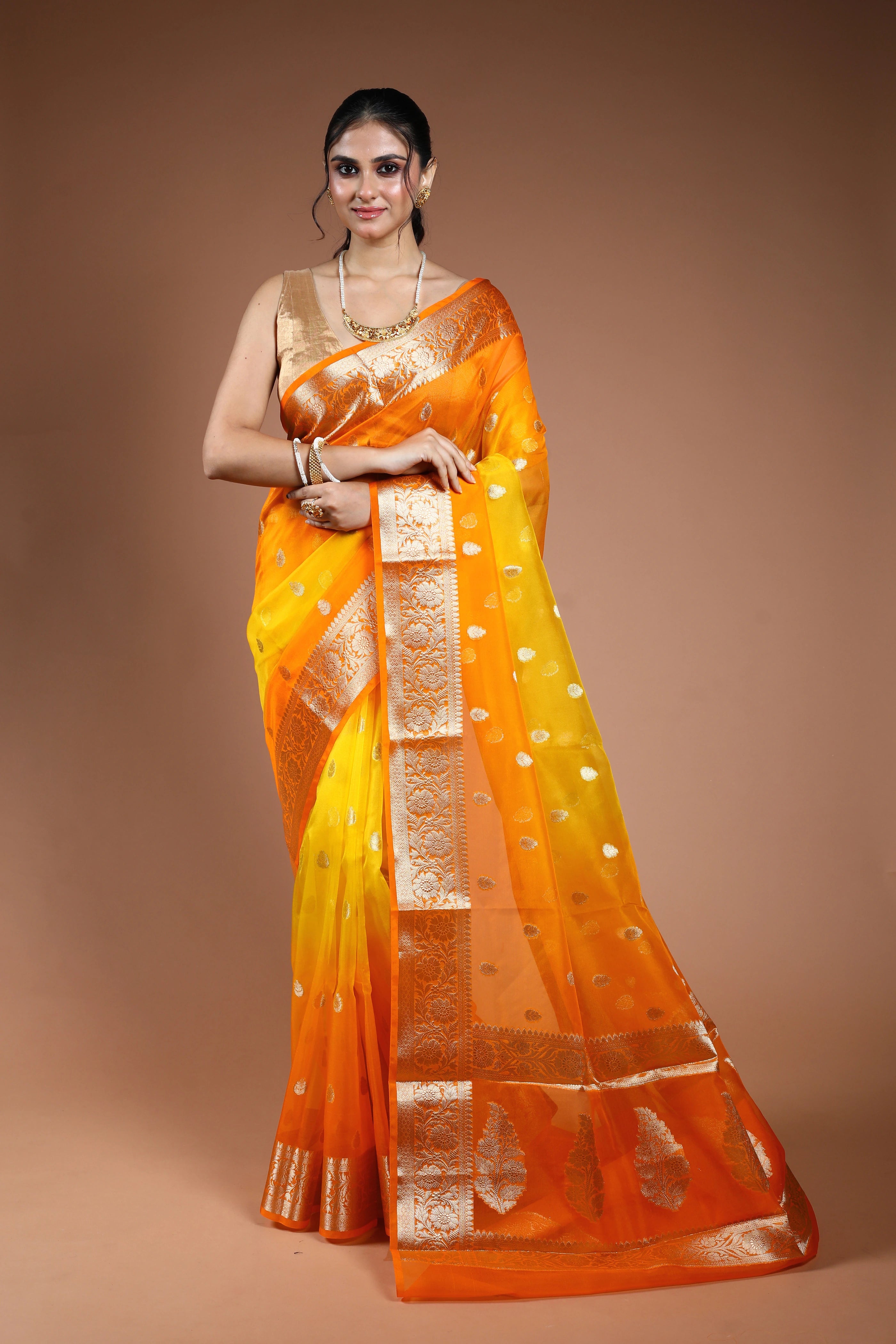 Orange & Yellow Shaded Semi Kora Banarasi Saree With Blouse Piece