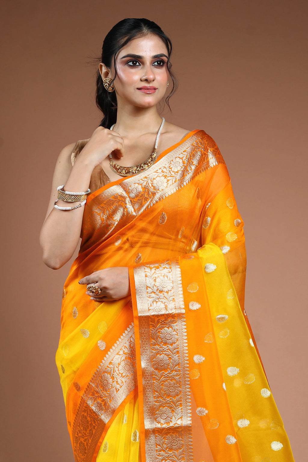 Orange & Yellow Shaded Semi Kora Banarasi Saree With Blouse Piece