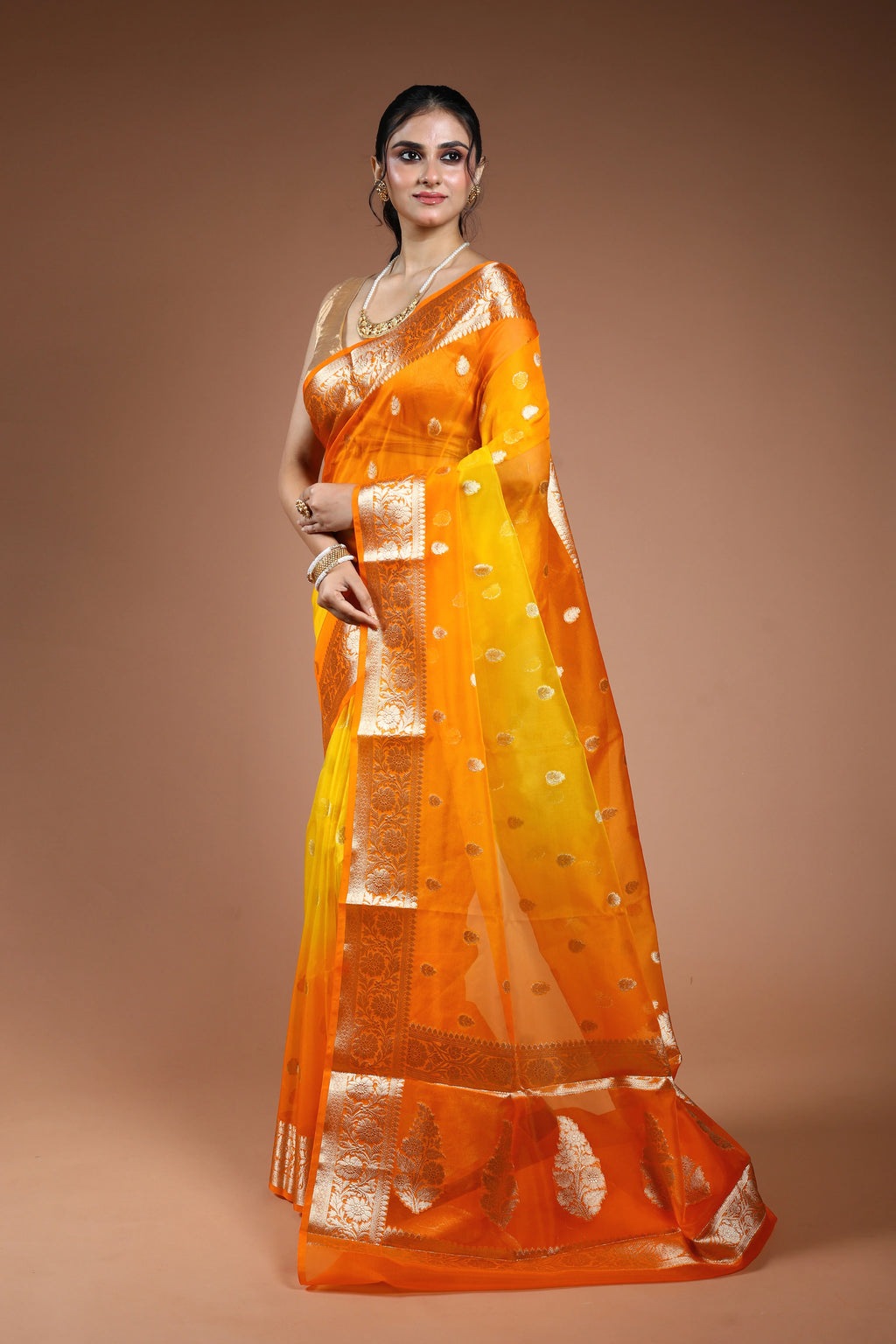 Orange & Yellow Shaded Semi Kora Banarasi Saree With Blouse Piece