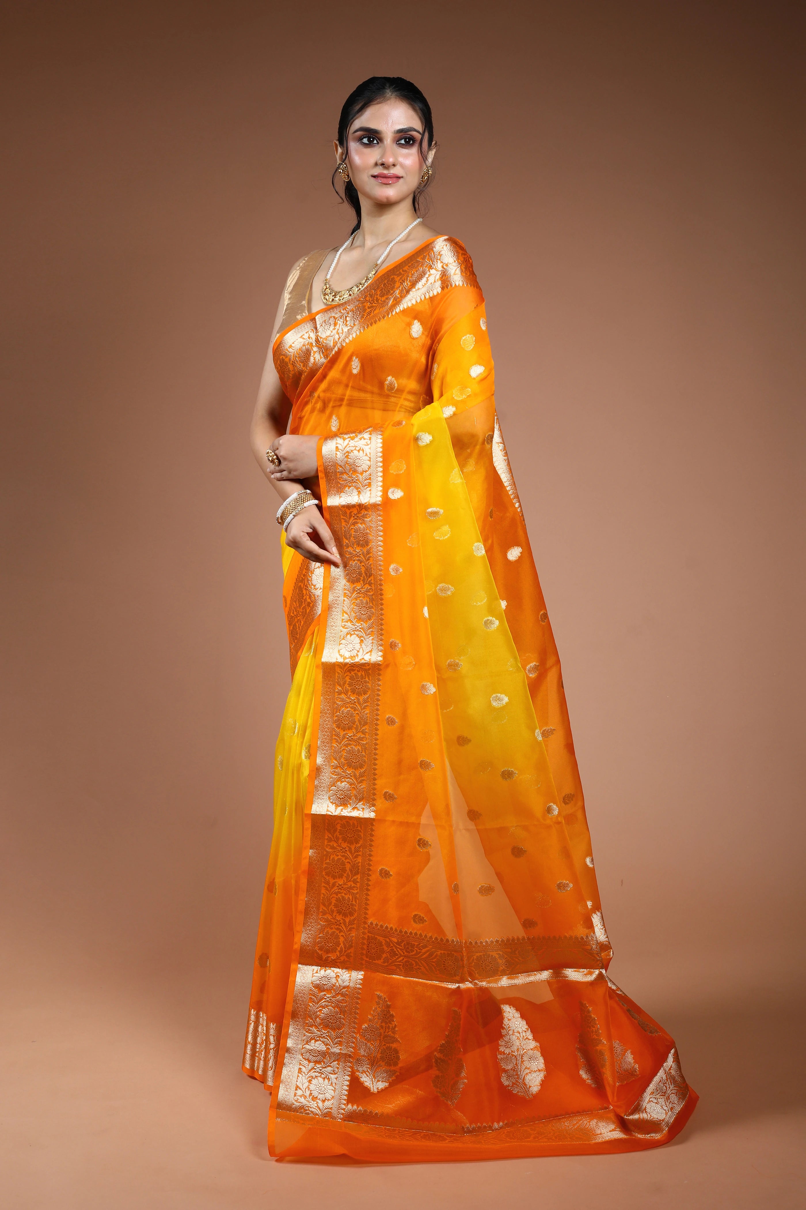 Orange & Yellow Shaded Semi Kora Banarasi Saree With Blouse Piece