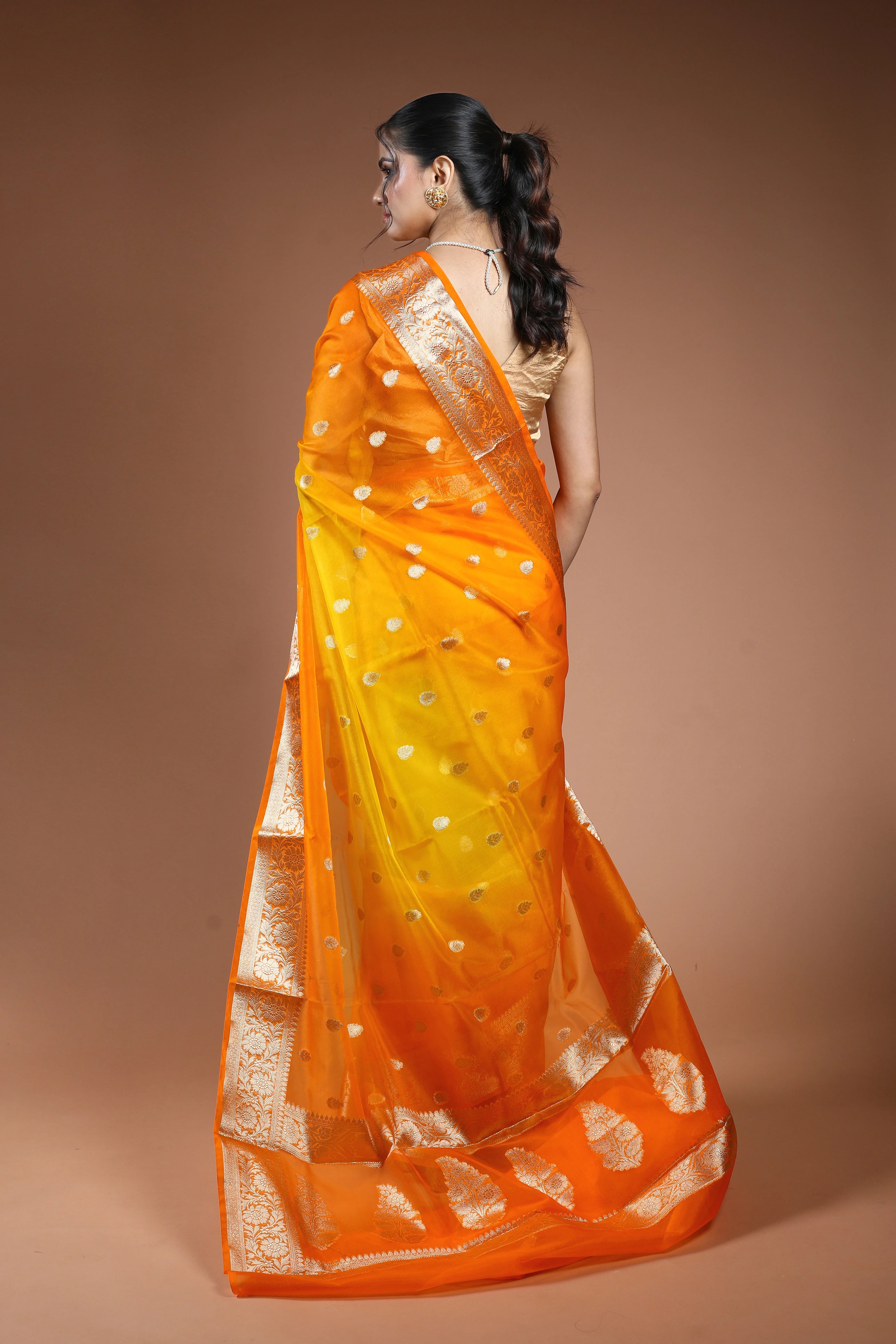 Orange & Yellow Shaded Semi Kora Banarasi Saree With Blouse Piece