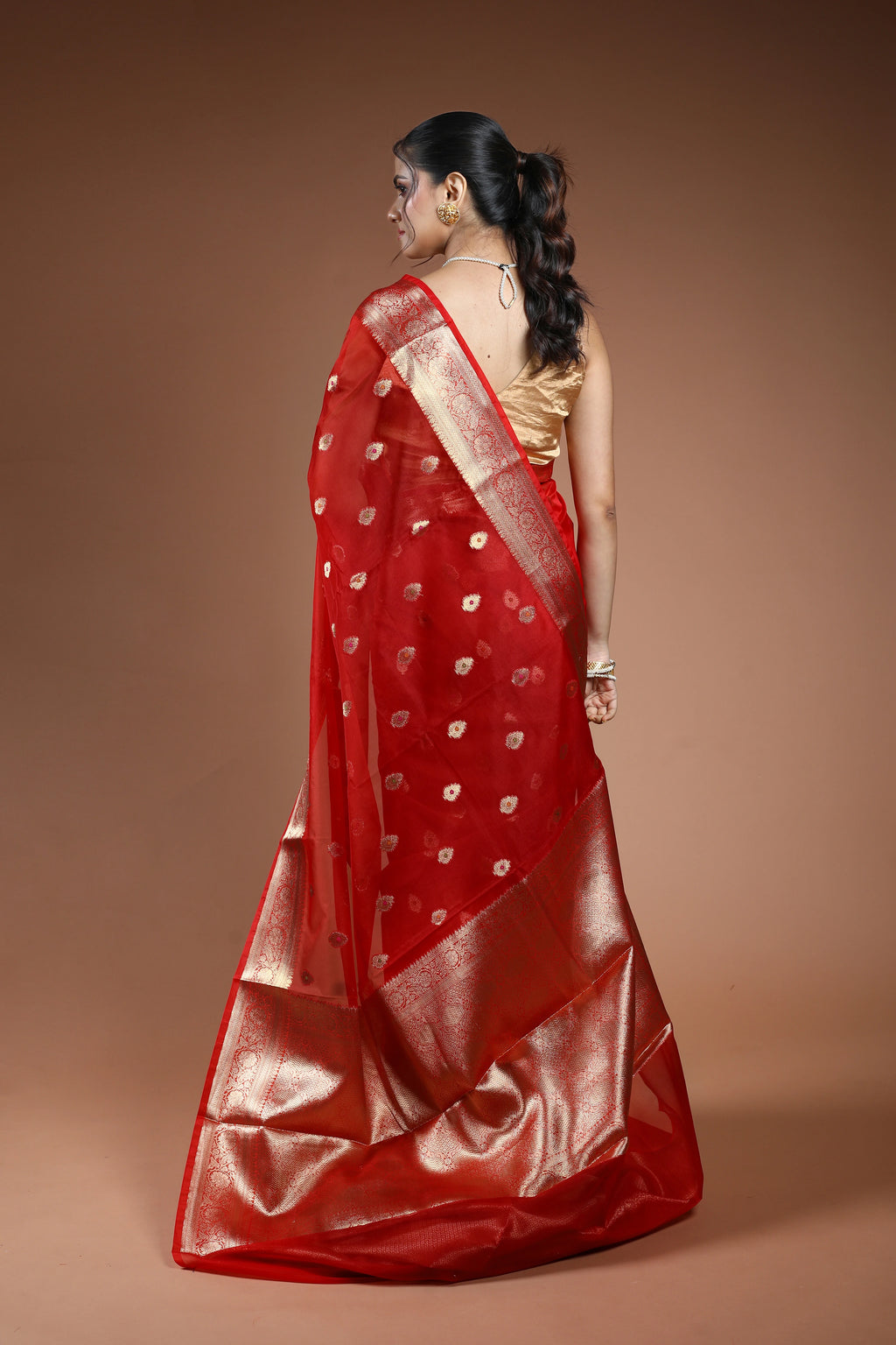 Red Semi Kora Banarasi Saree With Blouse Piece