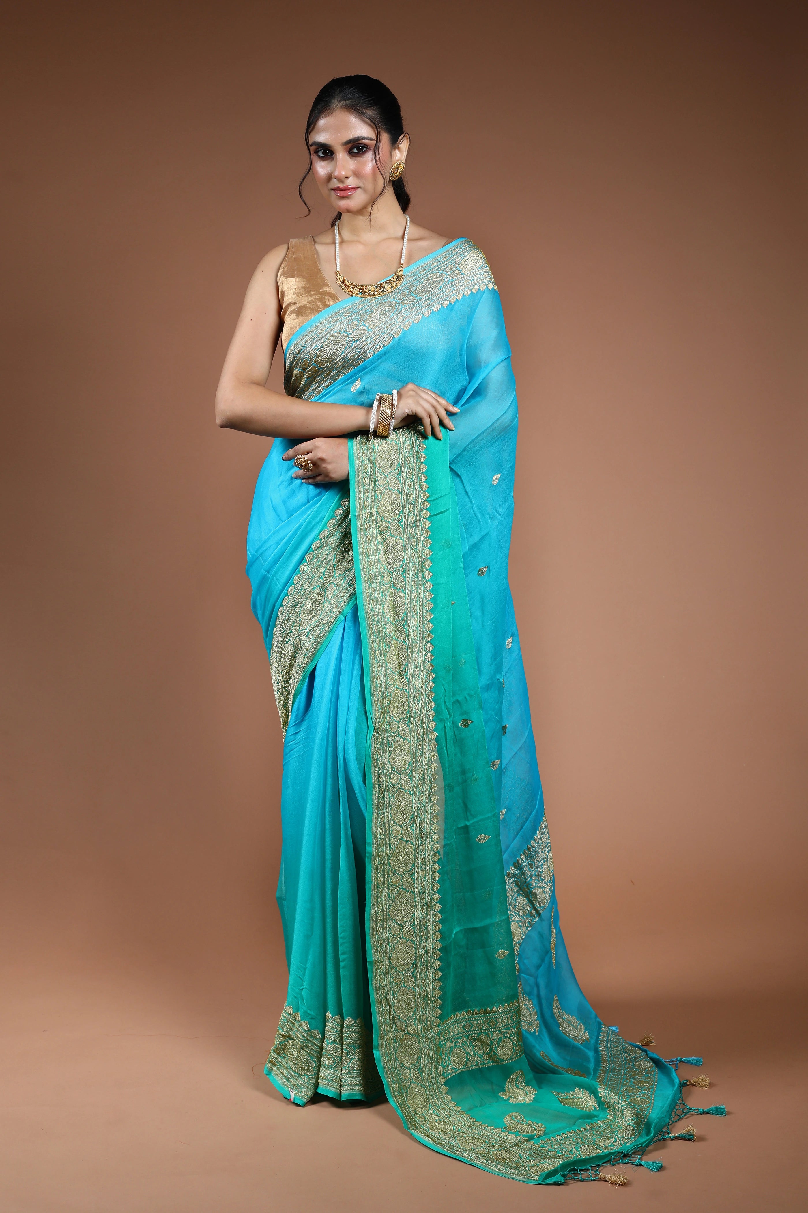 Sea Green Chiffon Banarasi Saree With Blouse Piece