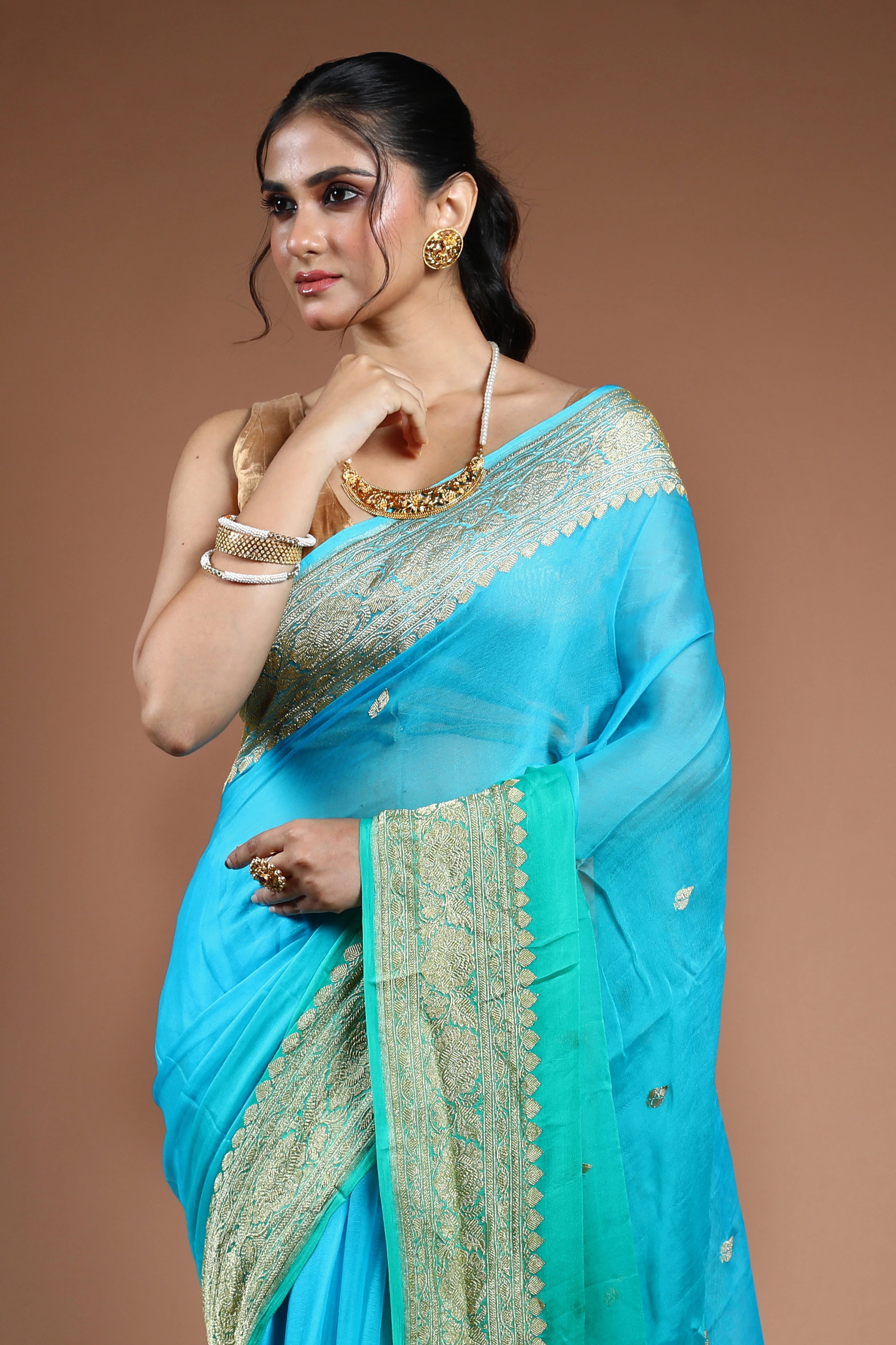 Sea Green Chiffon Banarasi Saree With Blouse Piece