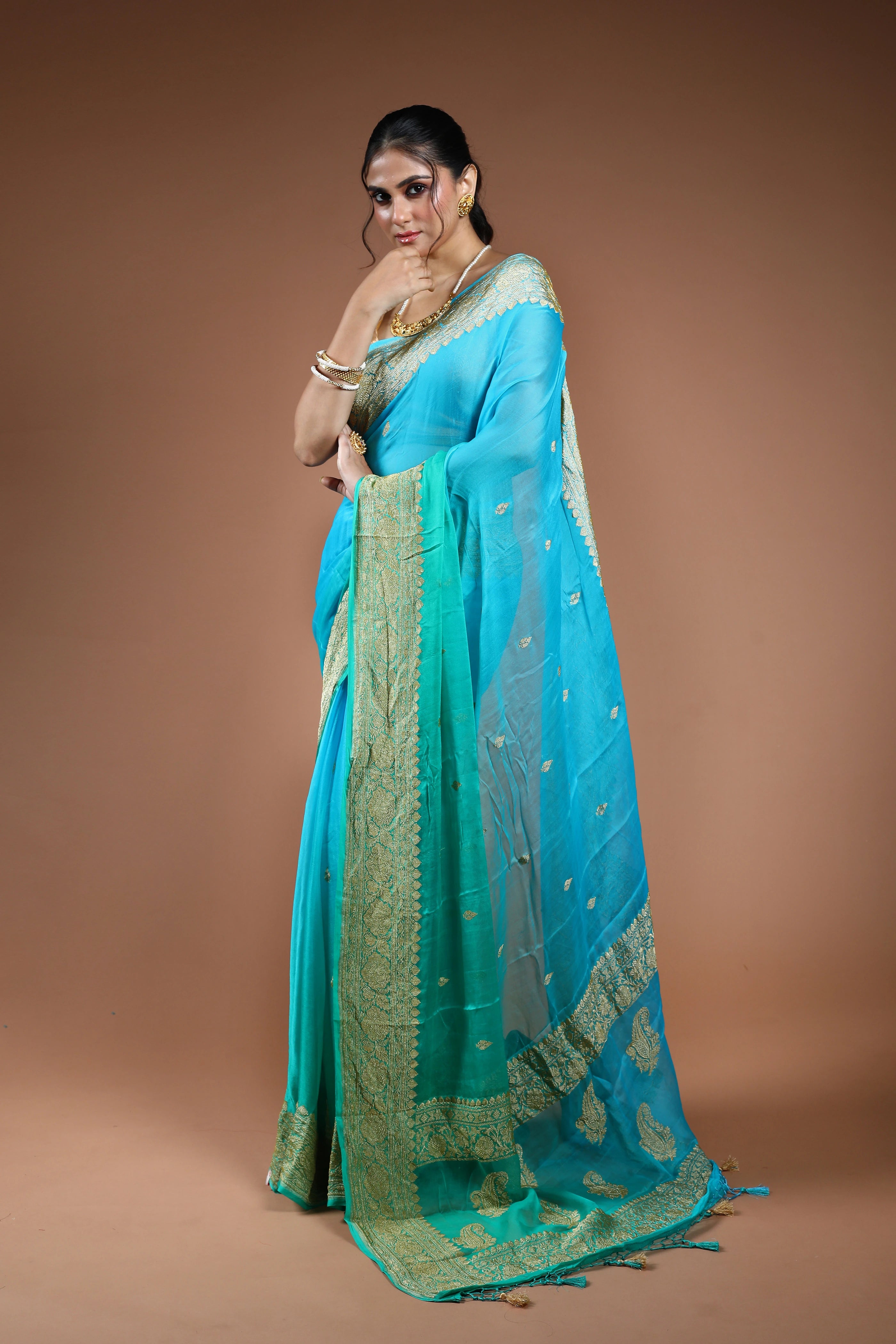 Sea Green Chiffon Banarasi Saree With Blouse Piece