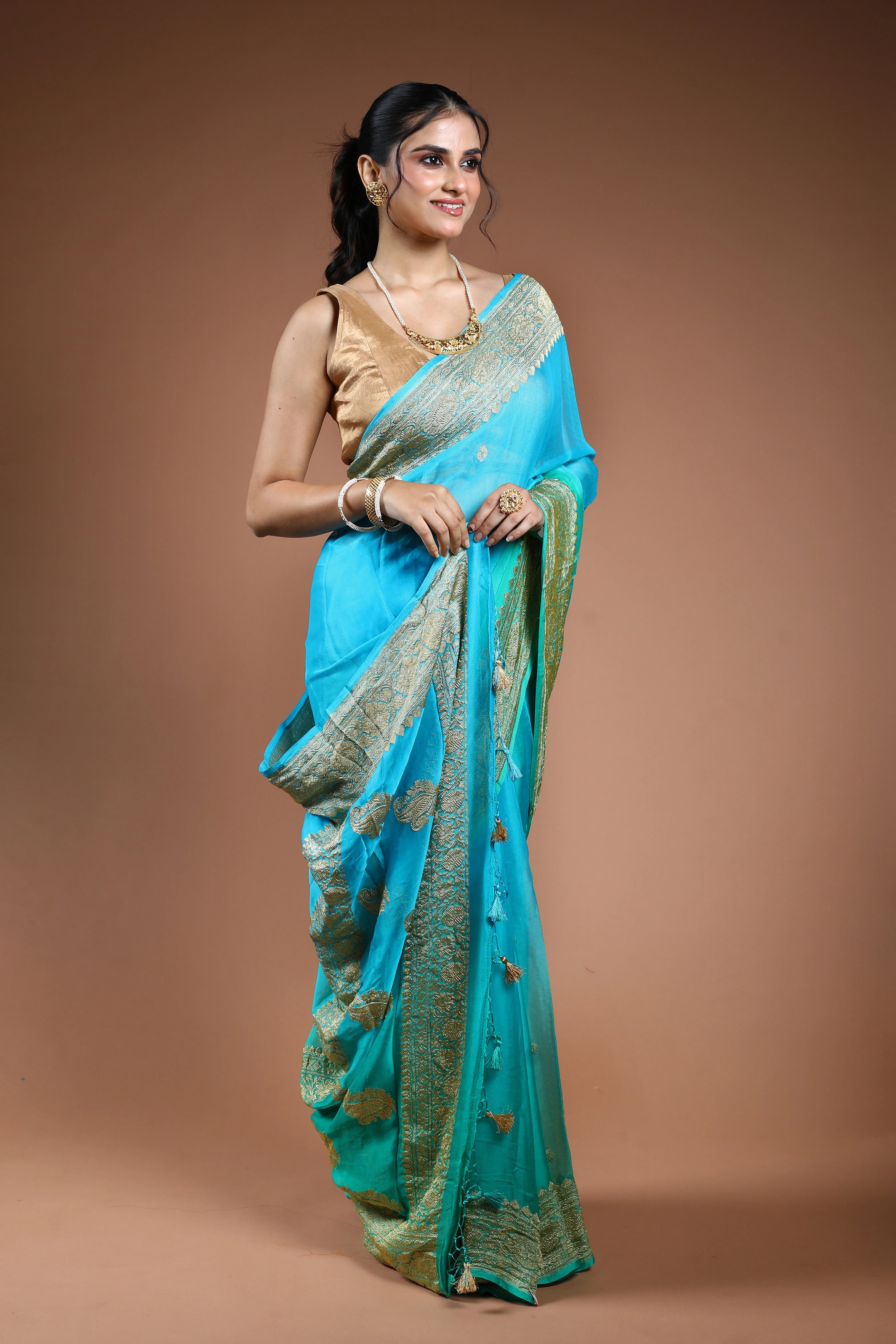 Sea Green Chiffon Banarasi Saree With Blouse Piece