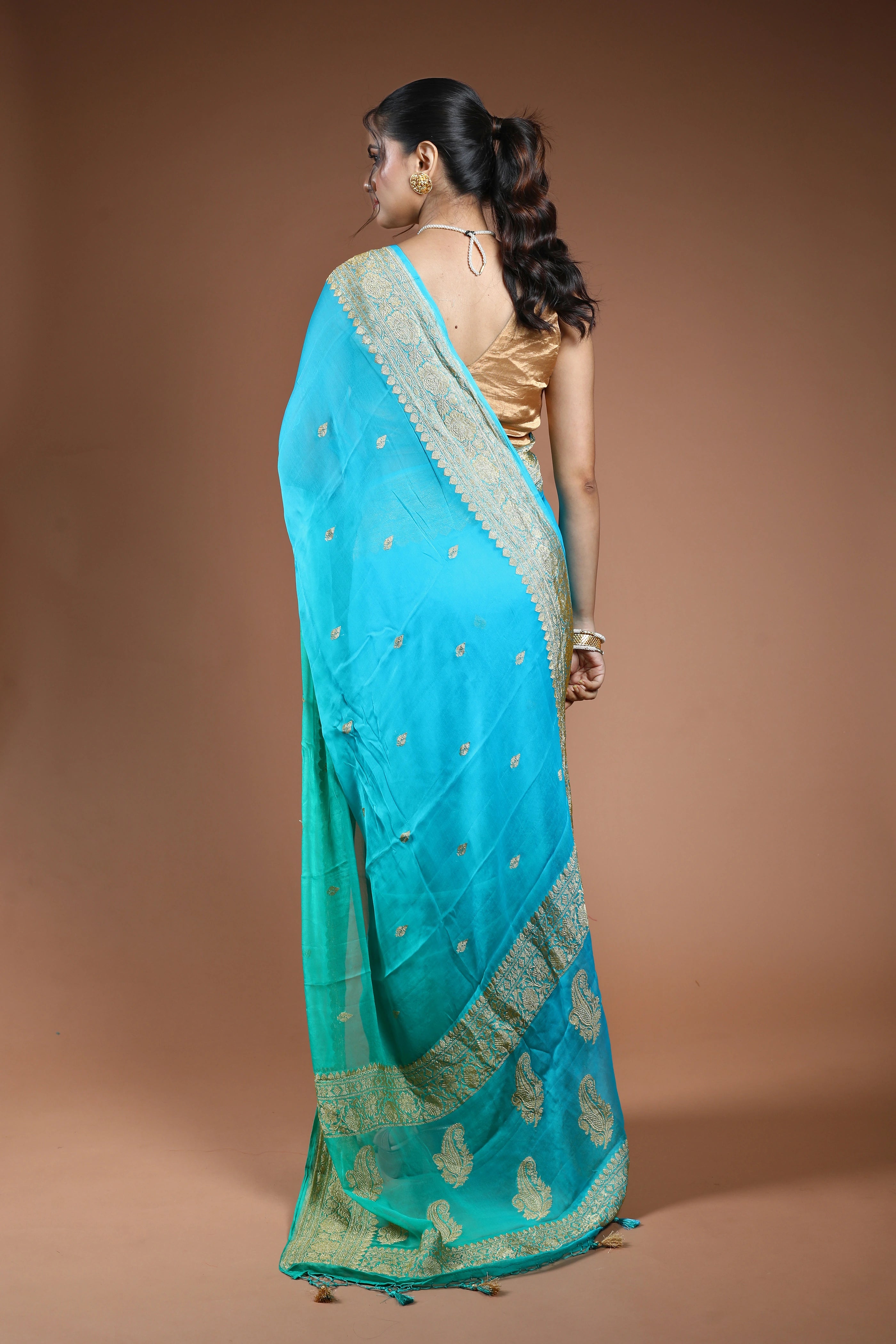 Sea Green Chiffon Banarasi Saree With Blouse Piece