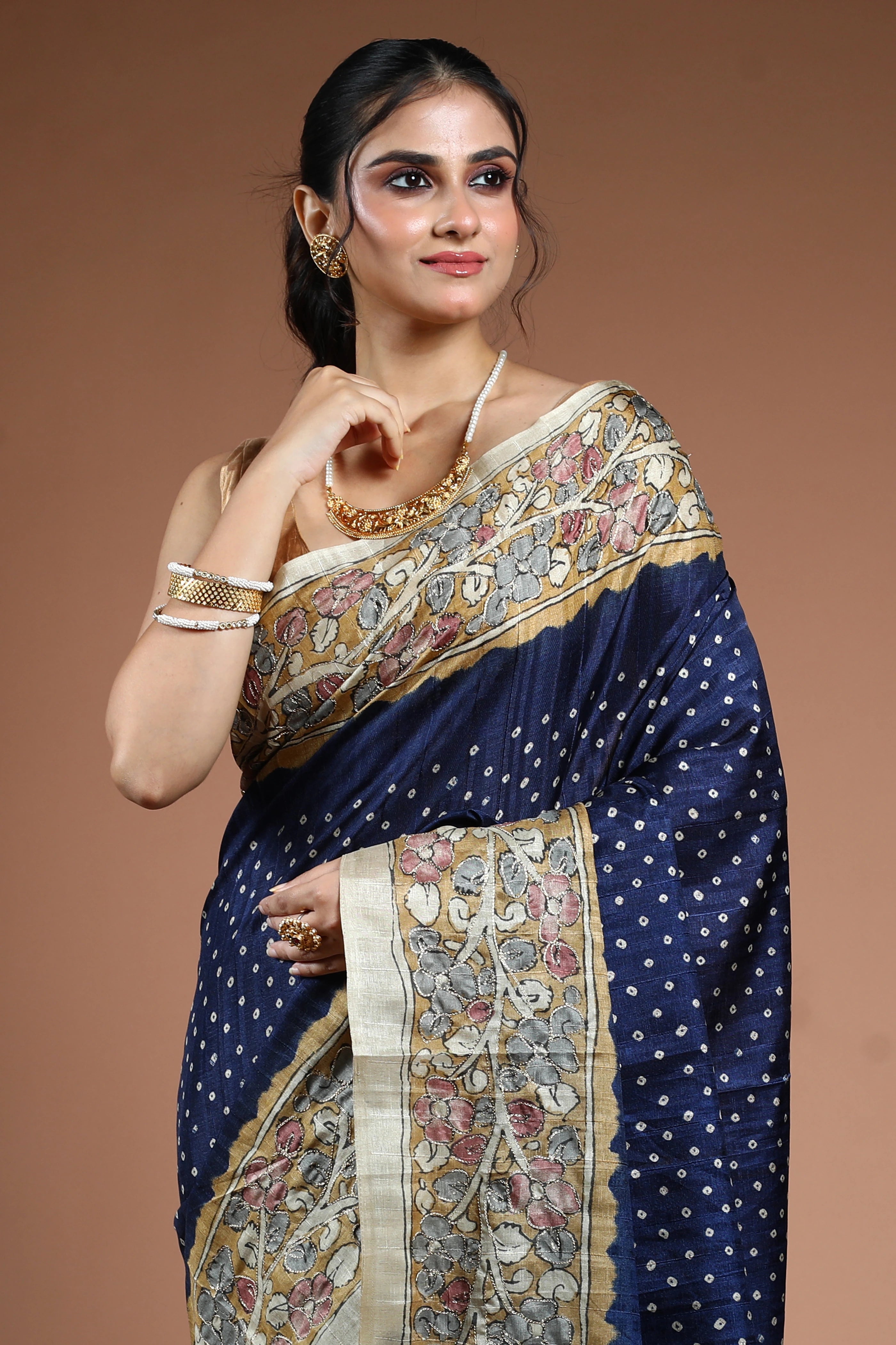 Navy Blue Semi Tussar Saree With Blouse Piece