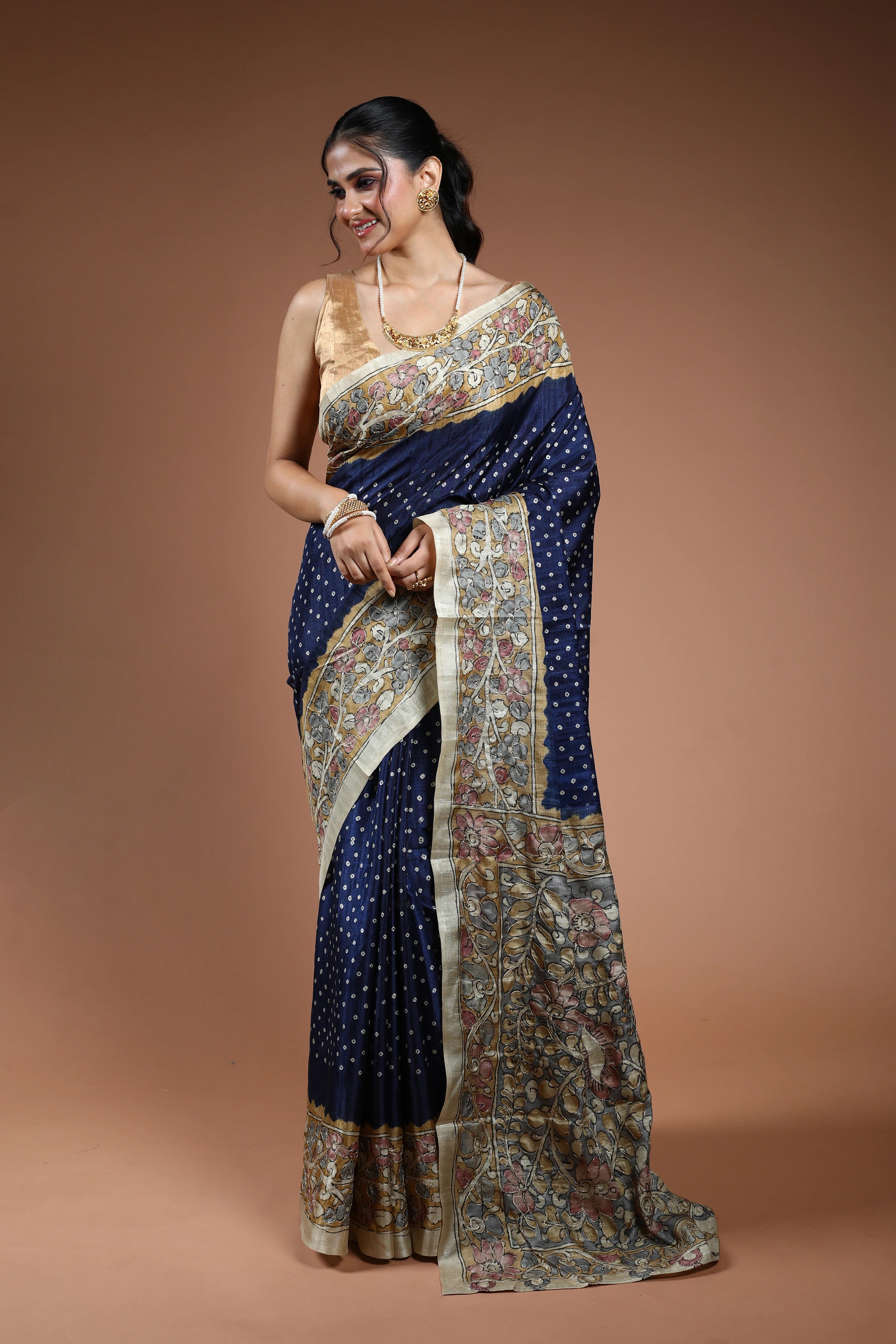 Navy Blue Semi Tussar Saree With Blouse Piece