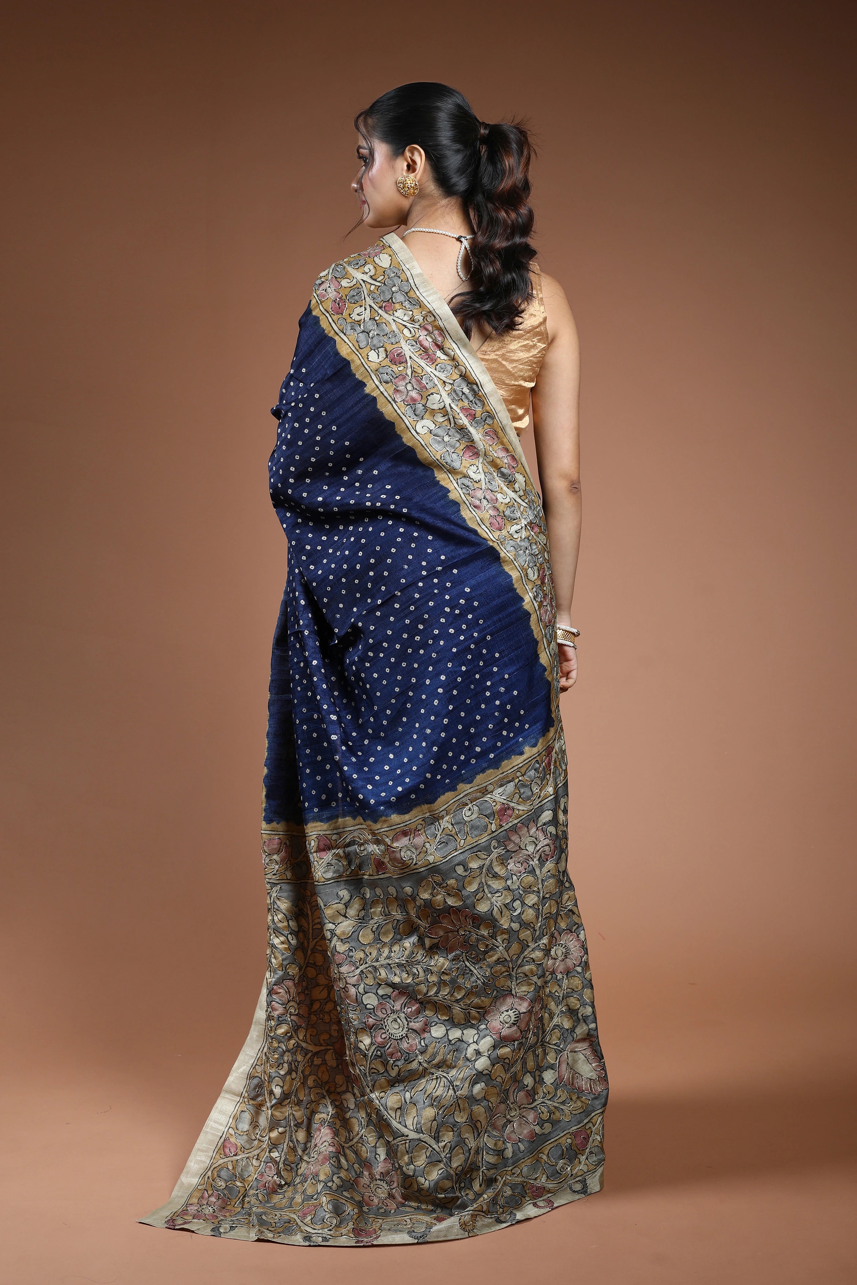 Navy Blue Semi Tussar Saree With Blouse Piece