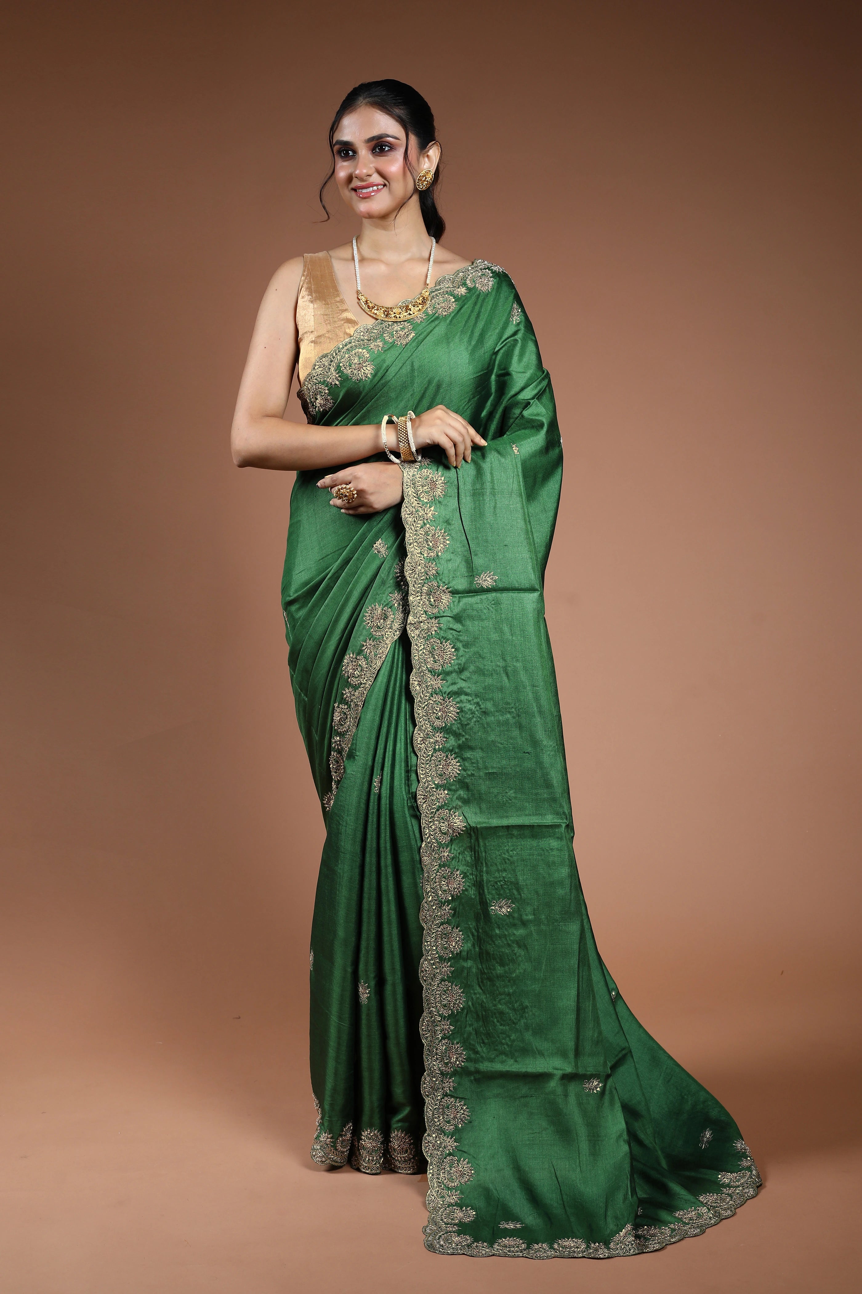 Meadow Green Tussar Zardosi Work Saree With Blouse Piece