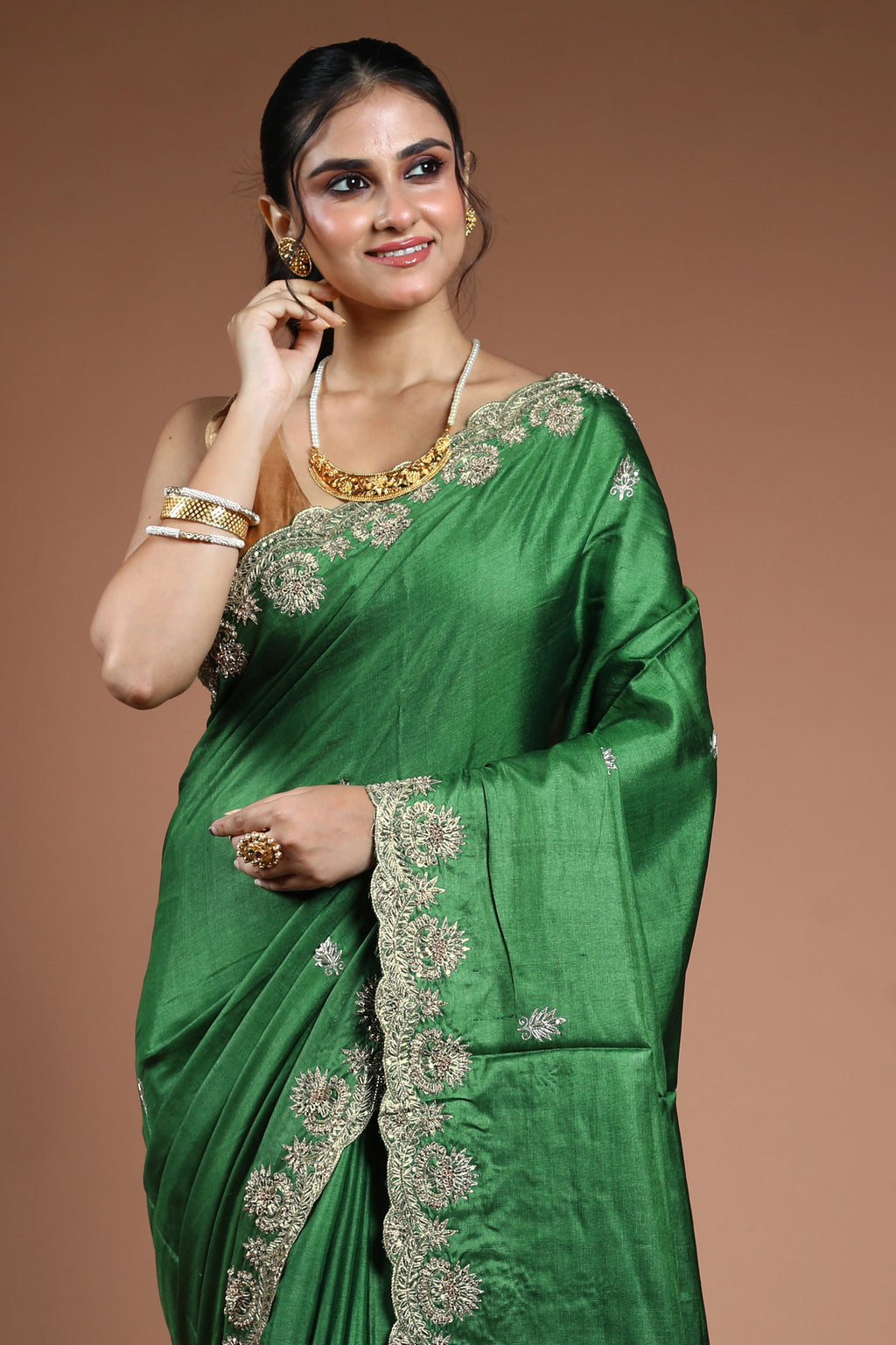 Meadow Green Tussar Zardosi Work Saree With Blouse Piece