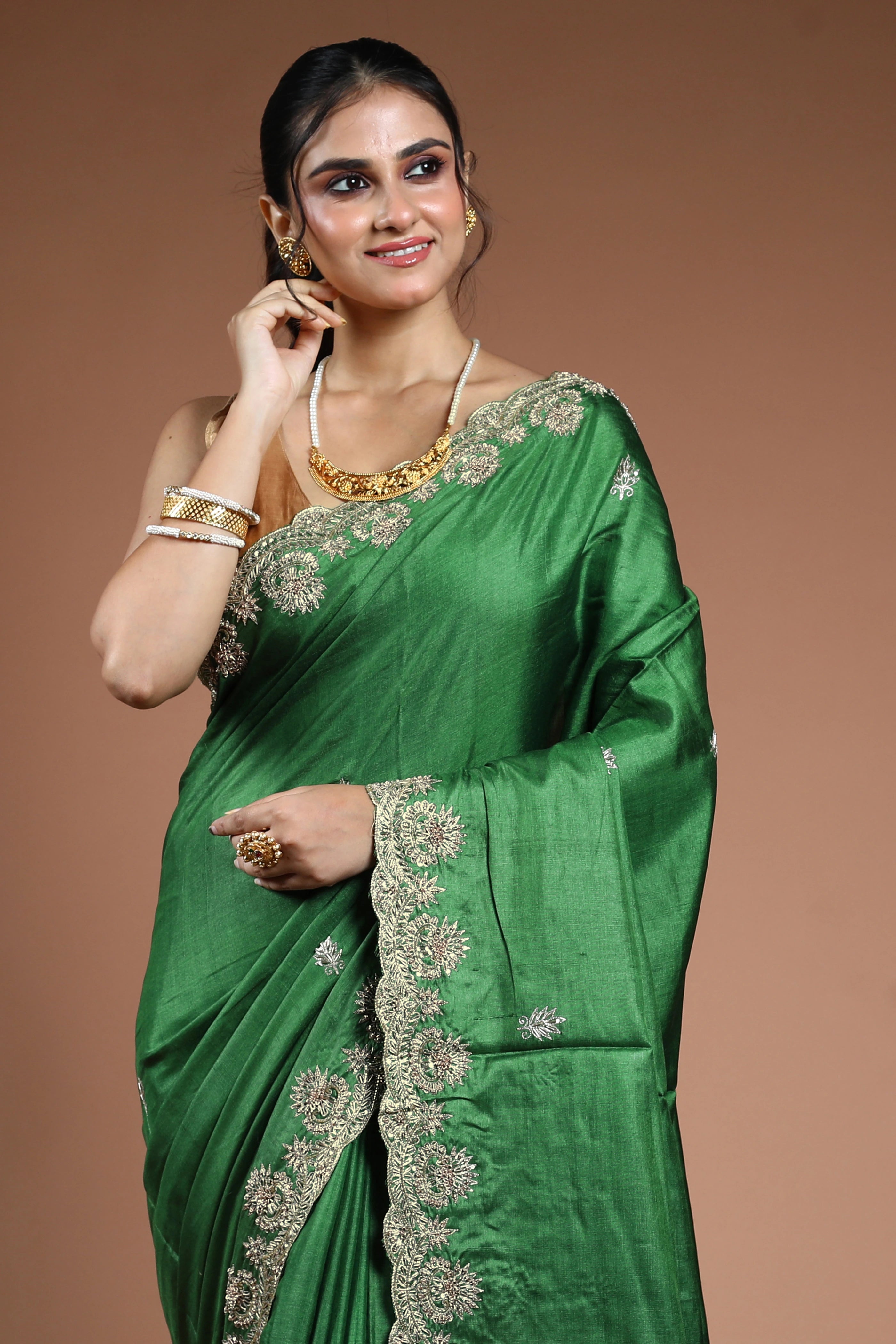 Meadow Green Tussar Zardosi Work Saree With Blouse Piece
