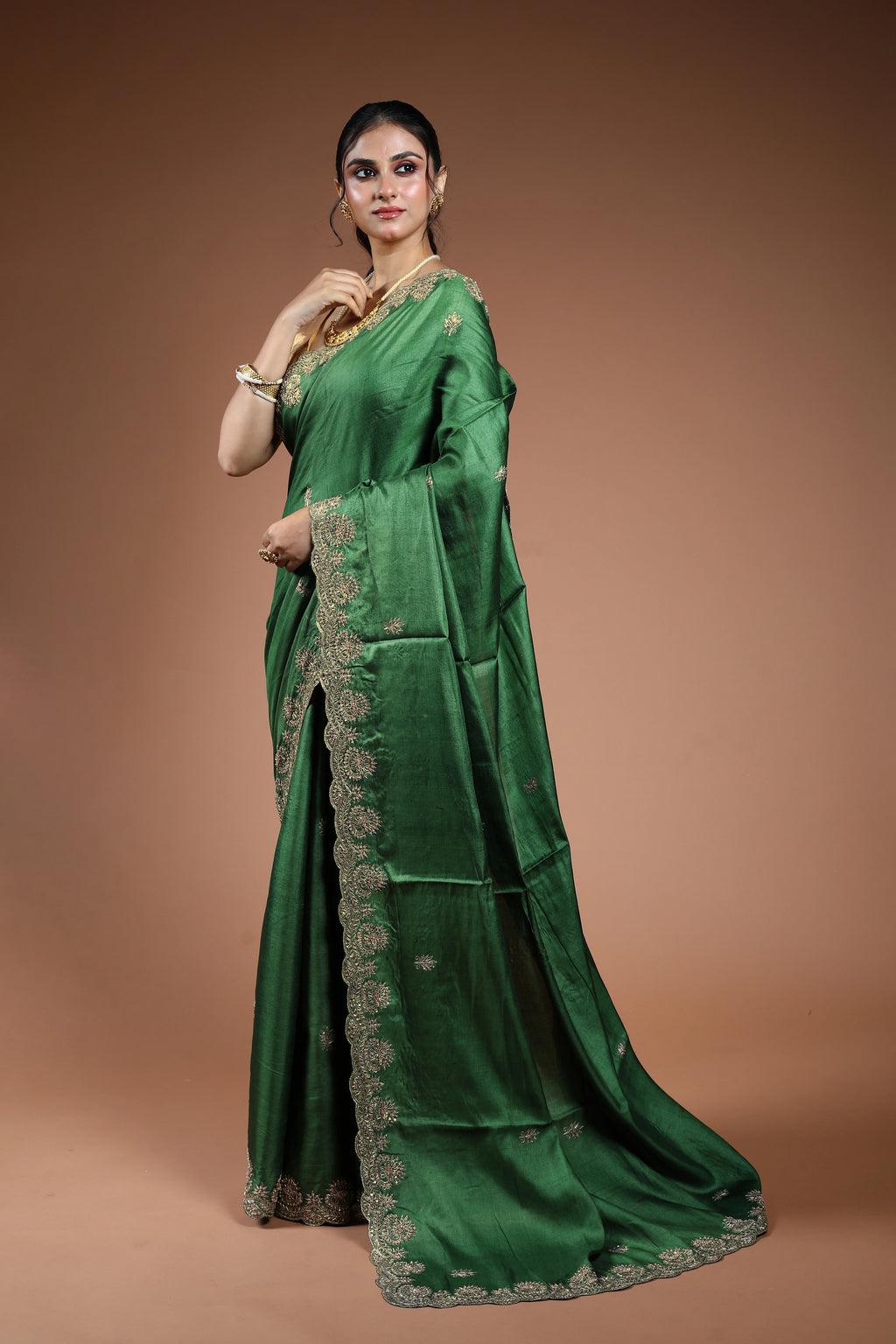 Meadow Green Tussar Zardosi Work Saree With Blouse Piece