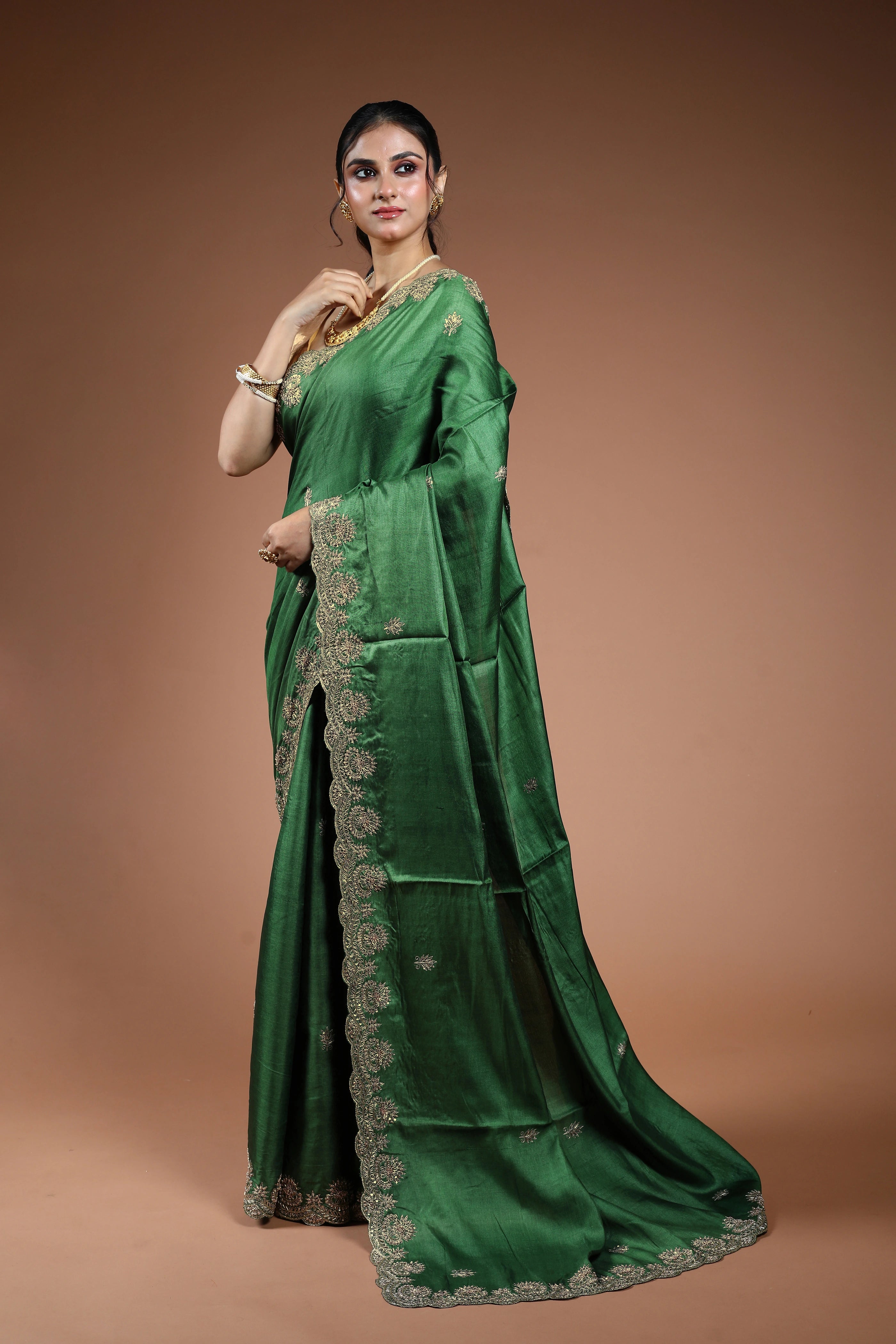 Meadow Green Tussar Zardosi Work Saree With Blouse Piece