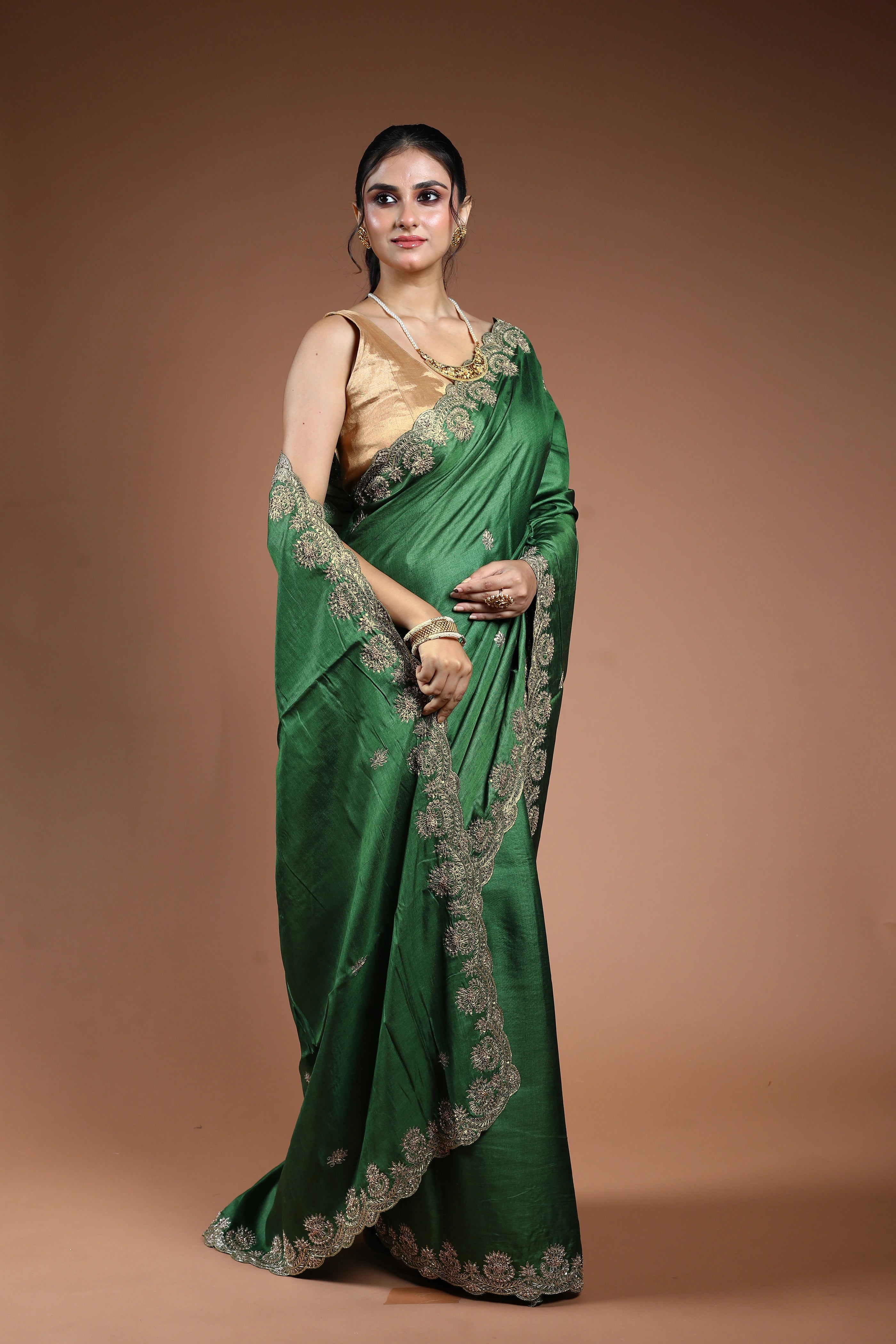 Meadow Green Tussar Zardosi Work Saree With Blouse Piece