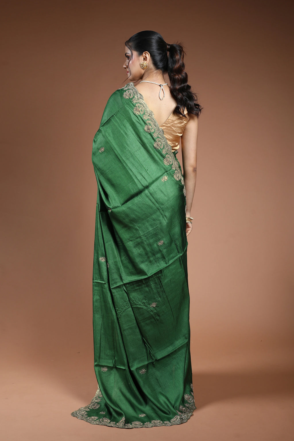 Meadow Green Tussar Zardosi Work Saree With Blouse Piece