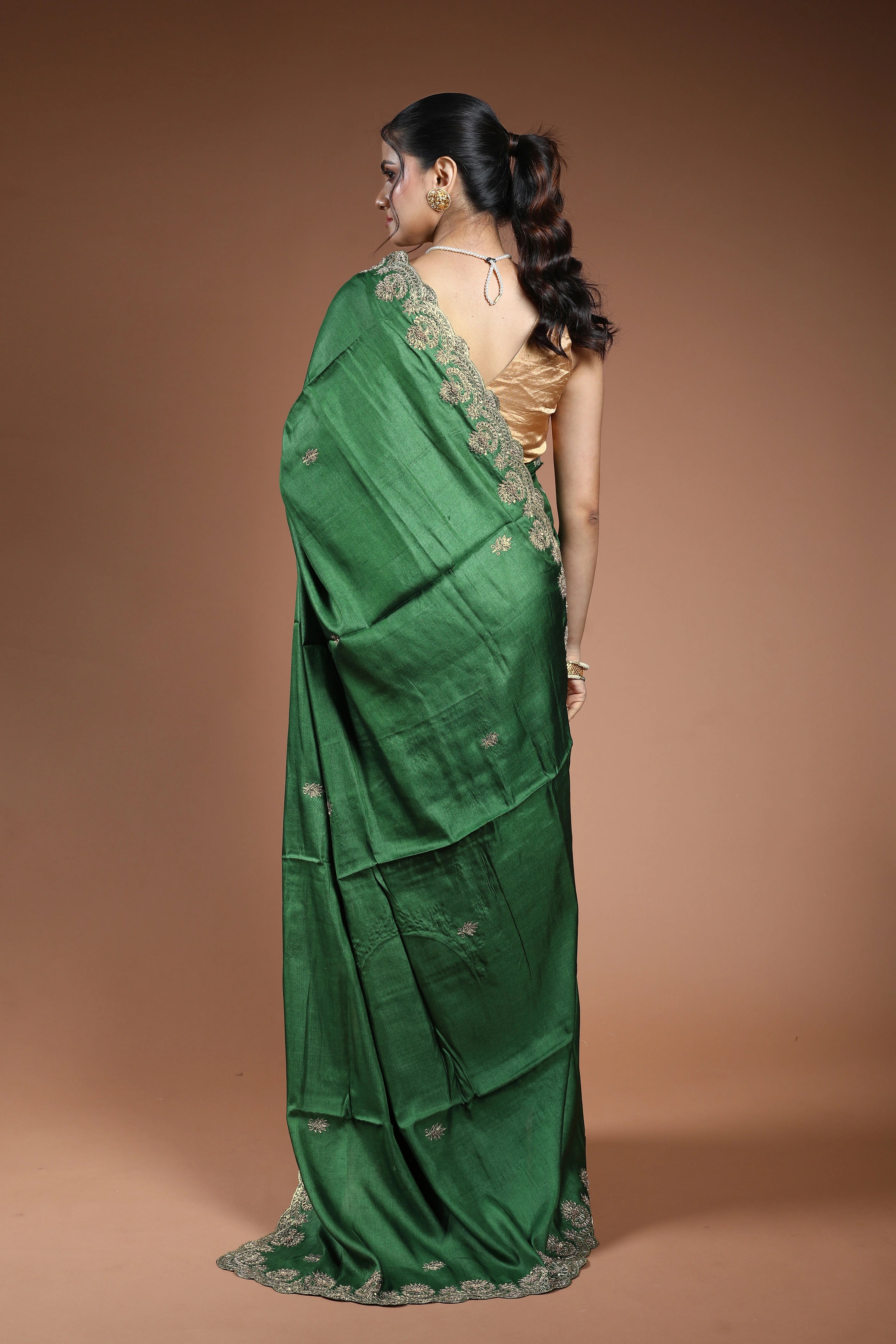 Meadow Green Tussar Zardosi Work Saree With Blouse Piece