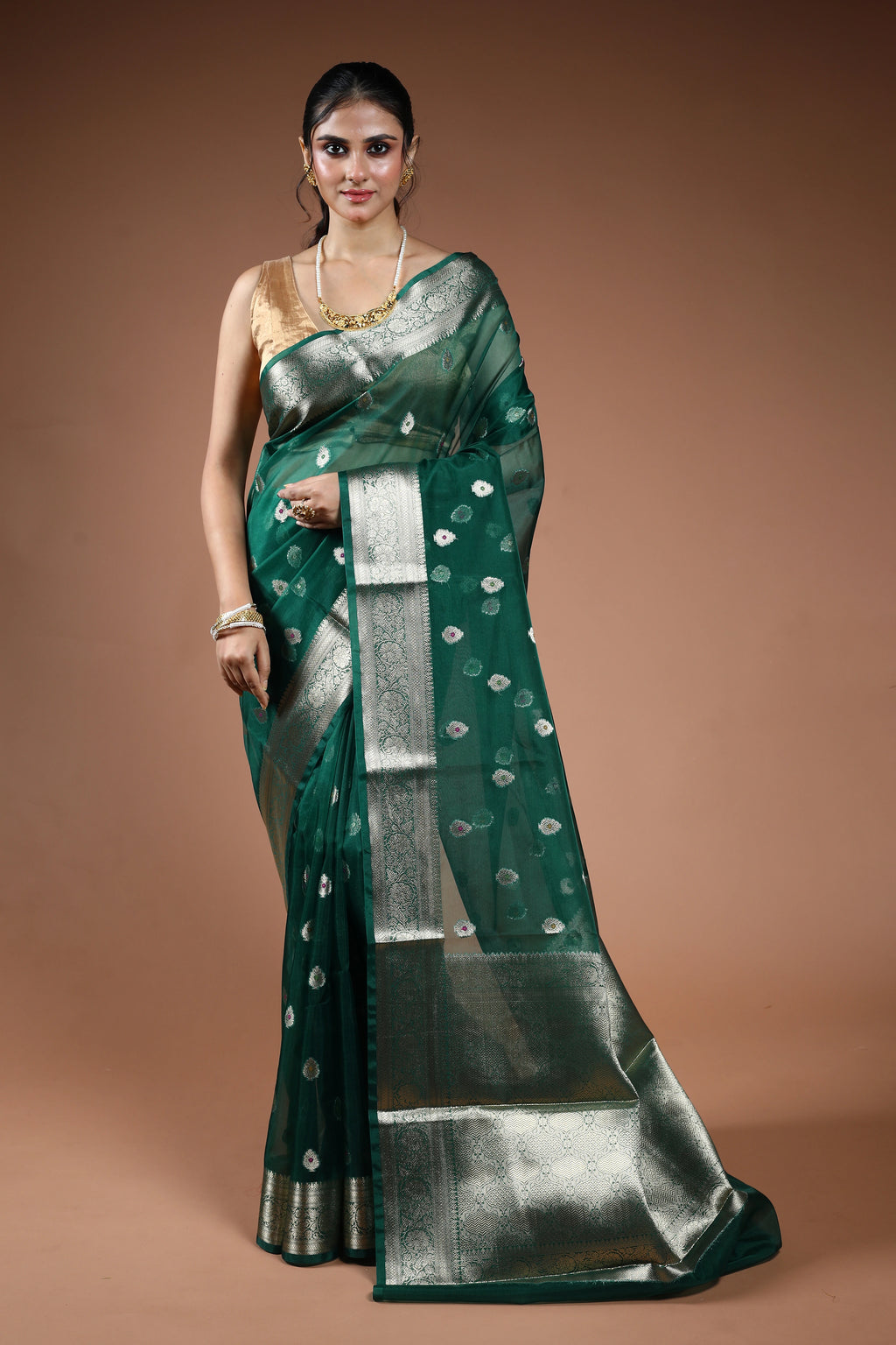 Forest Green Semi Kora Banarasi Saree With Blouse Piece
