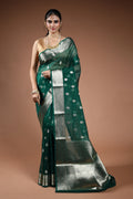 Forest Green Semi Kora Banarasi Saree With Blouse Piece