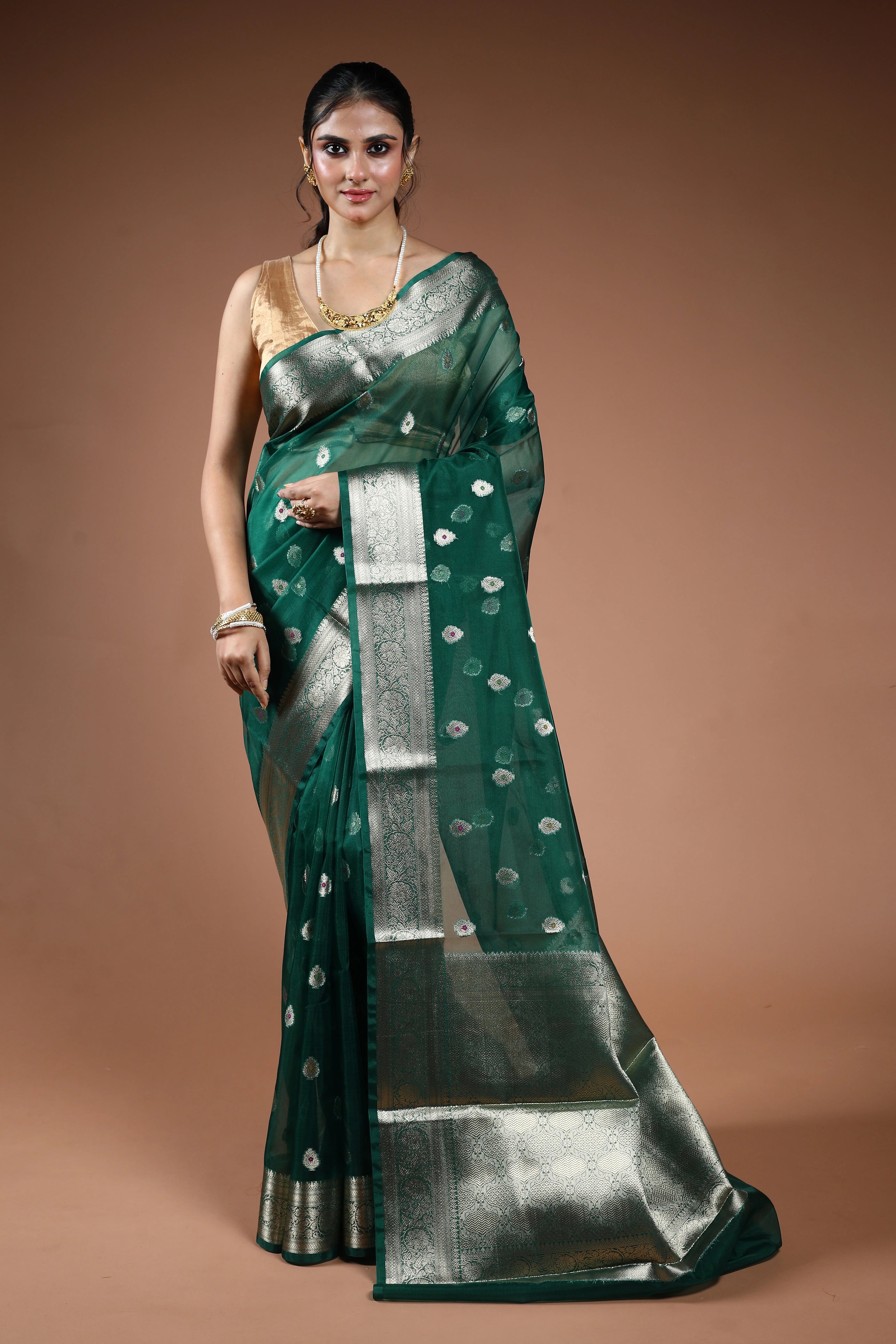 Forest Green Semi Kora Banarasi Saree With Blouse Piece
