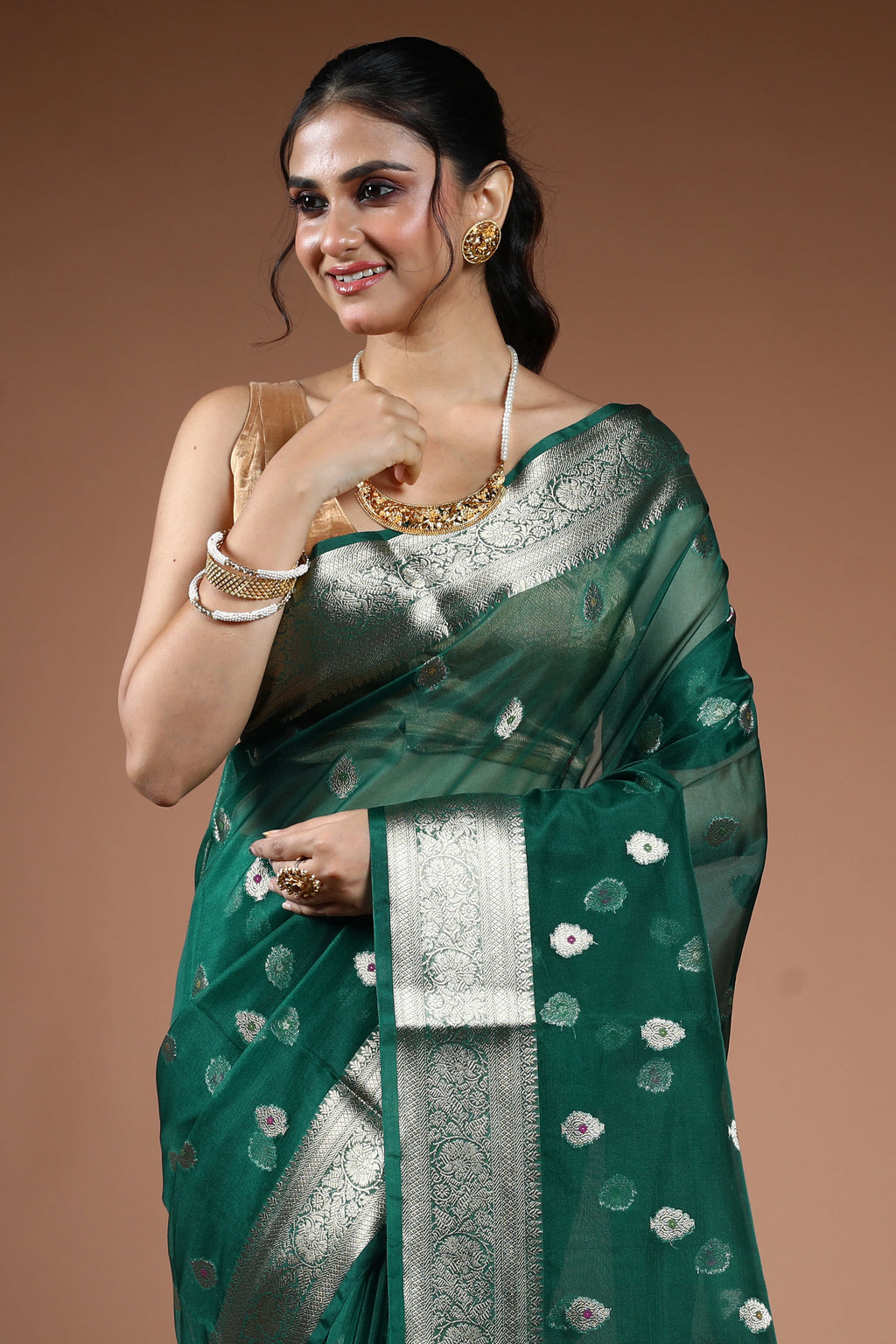 Forest Green Semi Kora Banarasi Saree With Blouse Piece