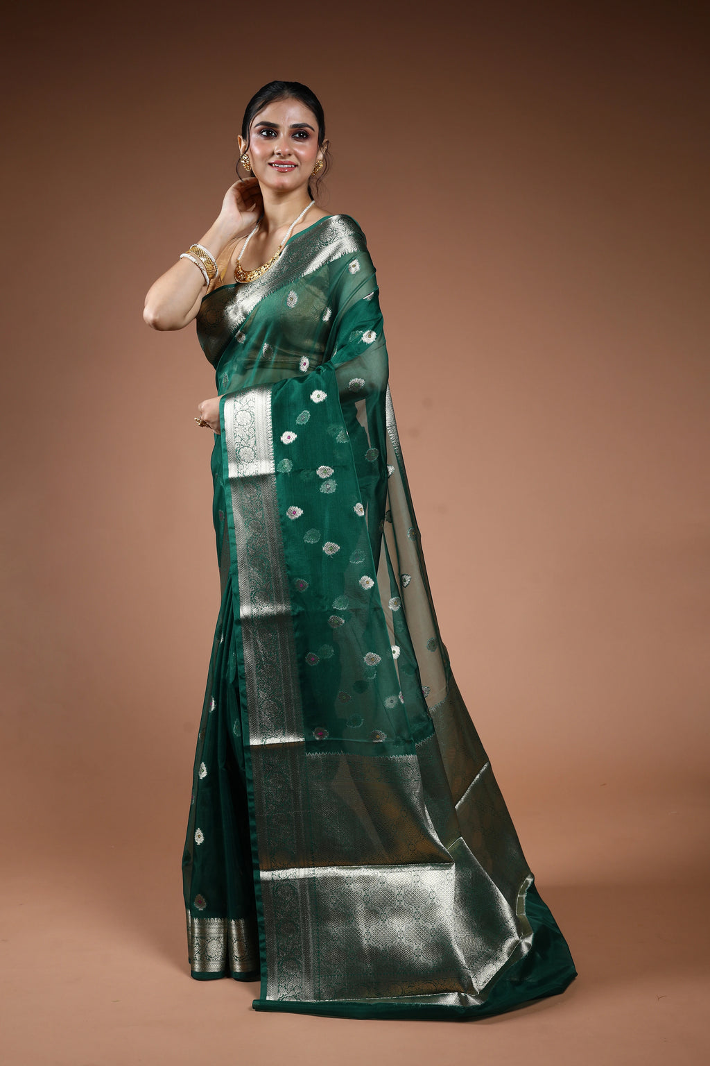 Forest Green Semi Kora Banarasi Saree With Blouse Piece