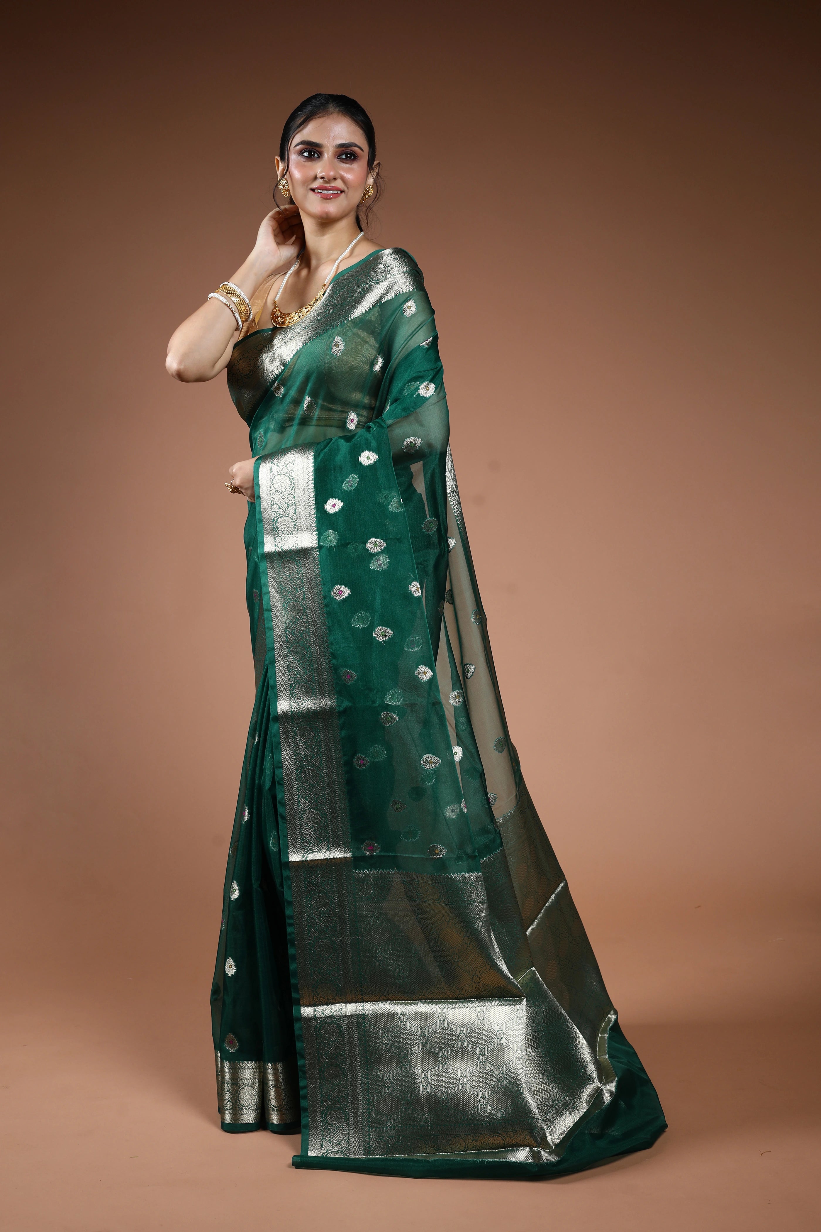 Forest Green Semi Kora Banarasi Saree With Blouse Piece