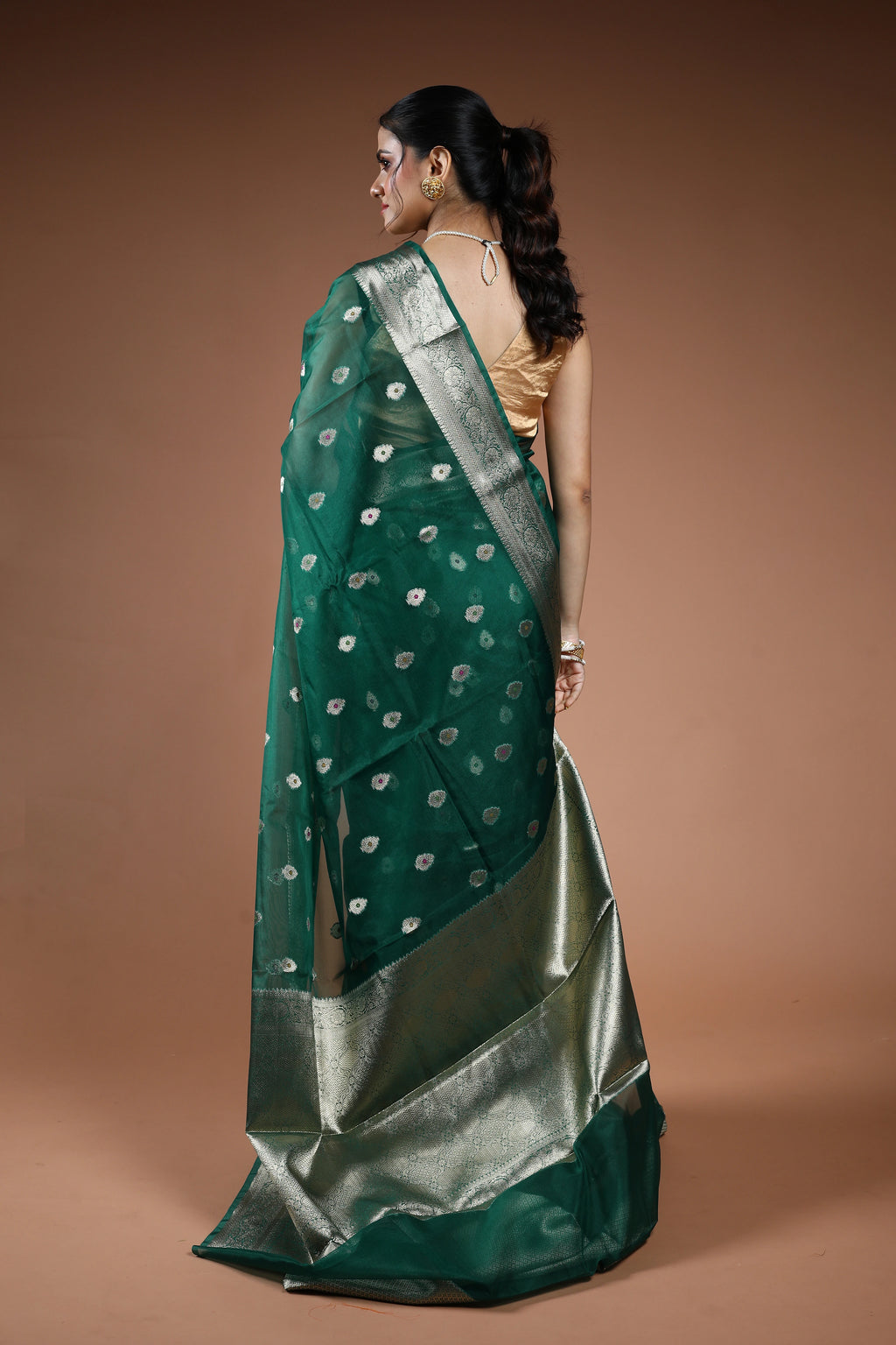 Forest Green Semi Kora Banarasi Saree With Blouse Piece