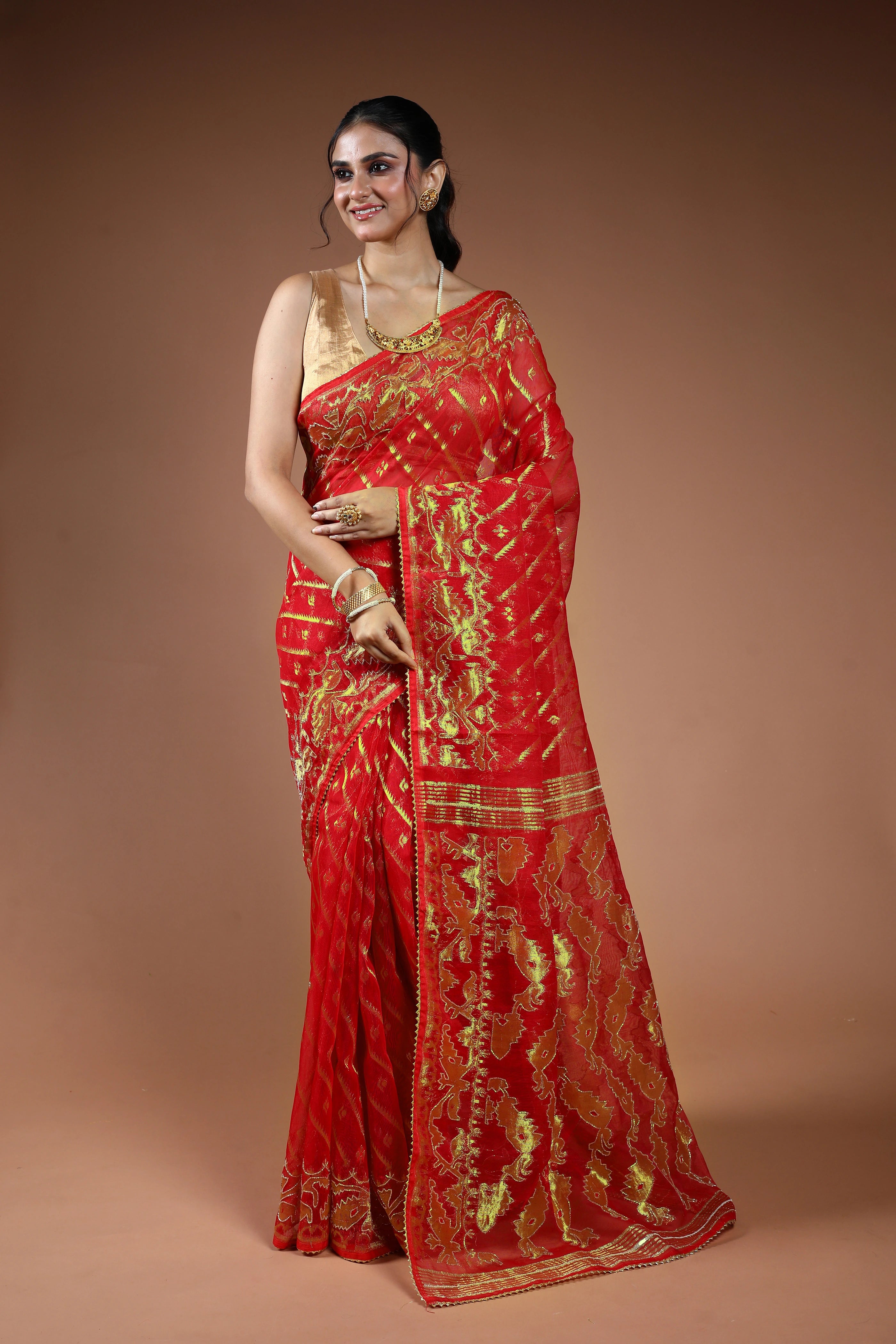 Red Semi Karchupi Jamdani Saree With Blouse Piece