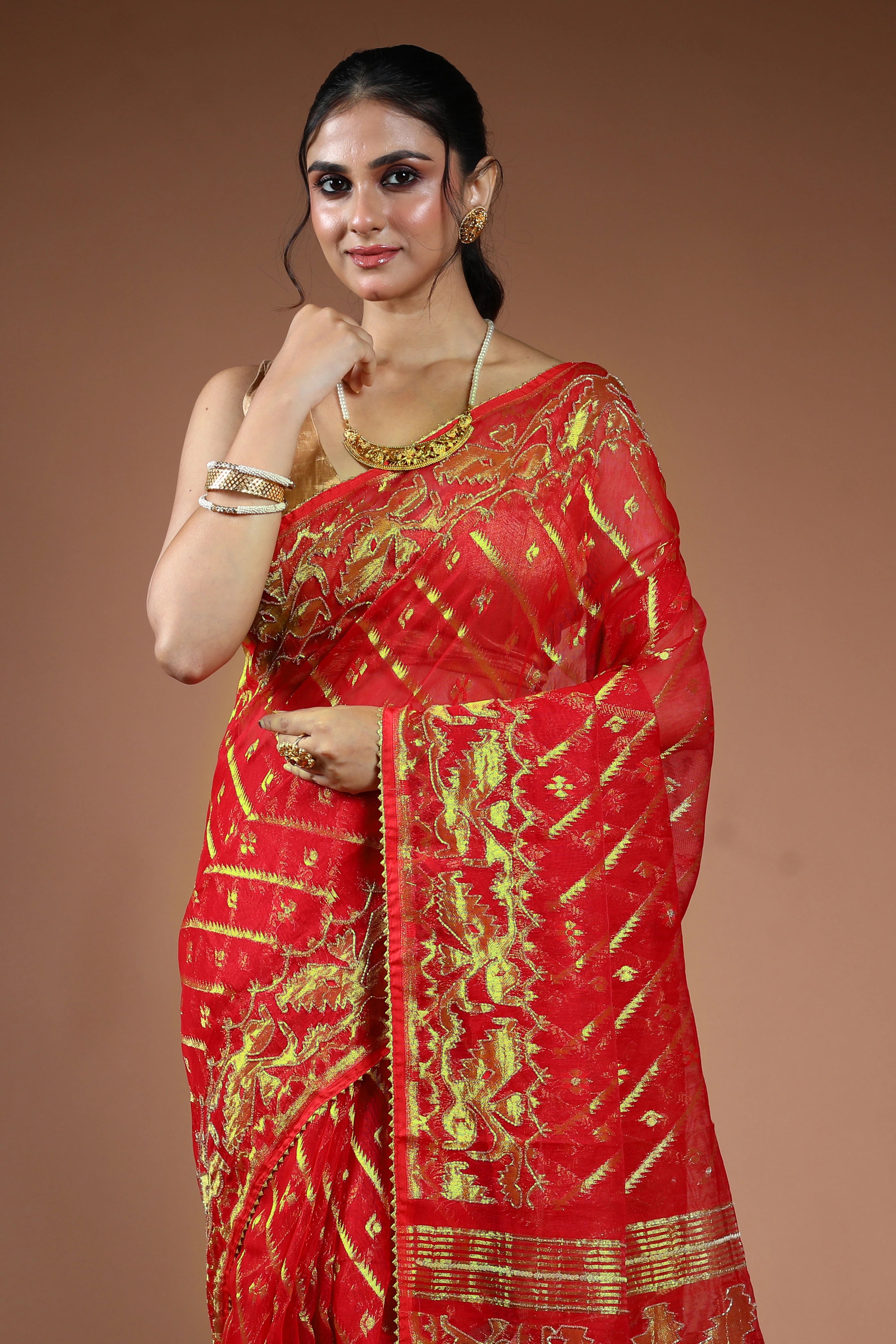 Red Semi Karchupi Jamdani Saree With Blouse Piece