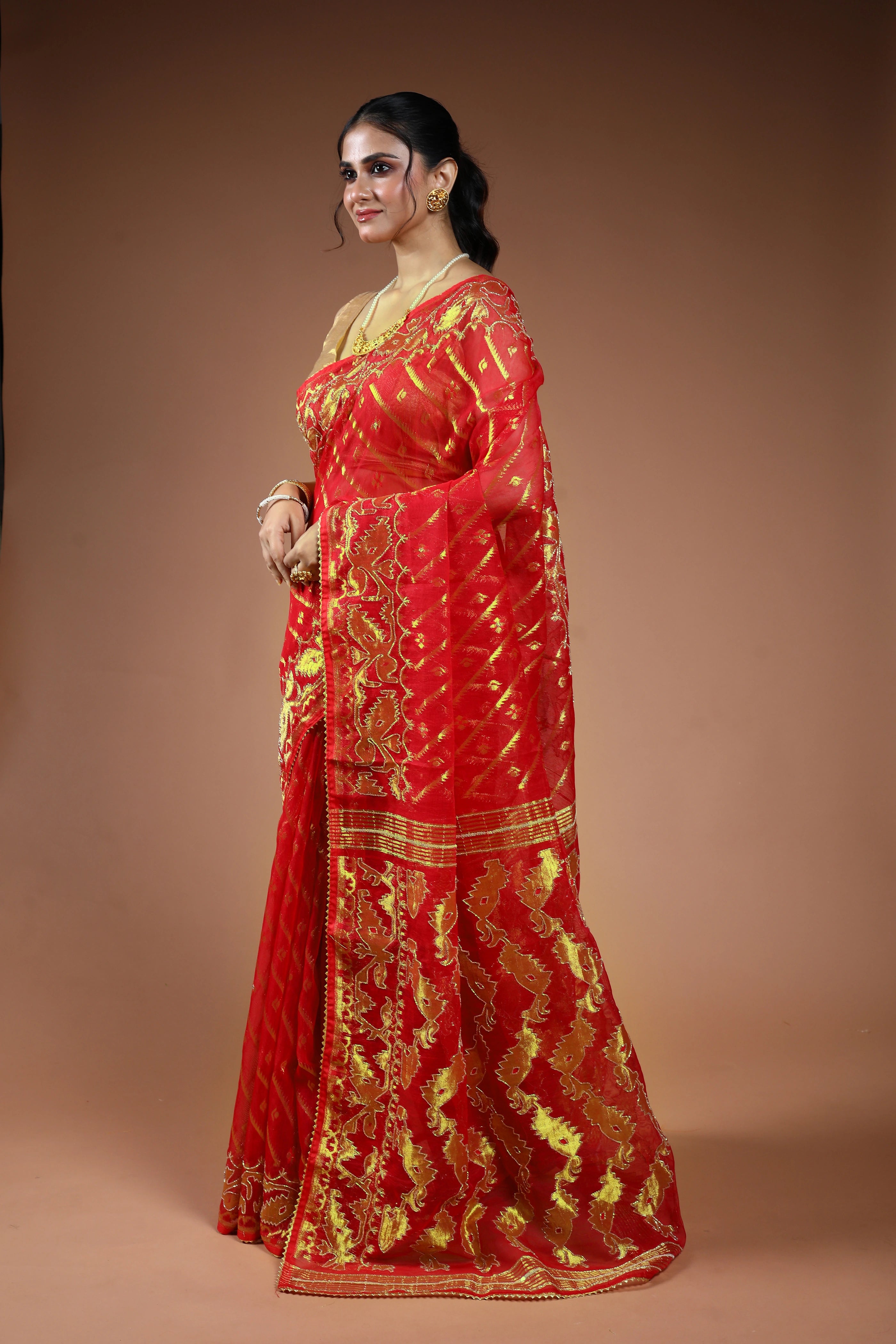 Red Semi Karchupi Jamdani Saree With Blouse Piece