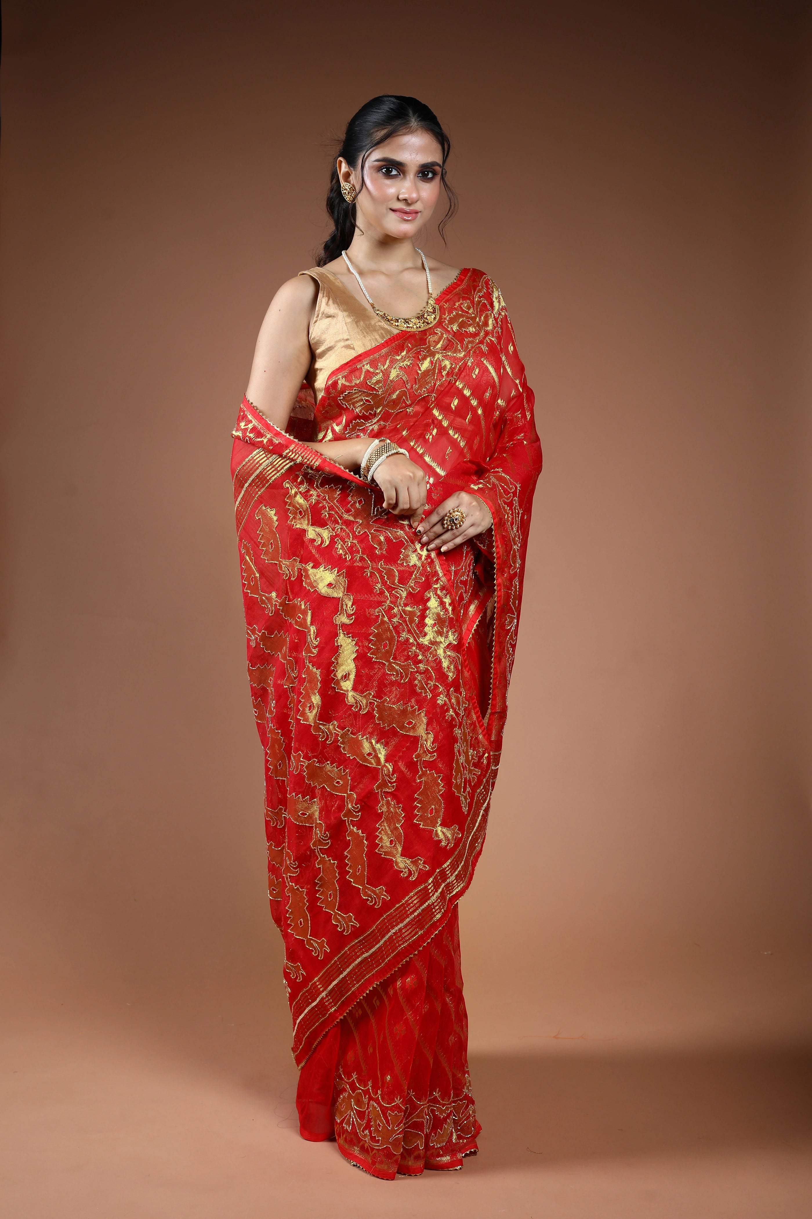 Red Semi Karchupi Jamdani Saree With Blouse Piece