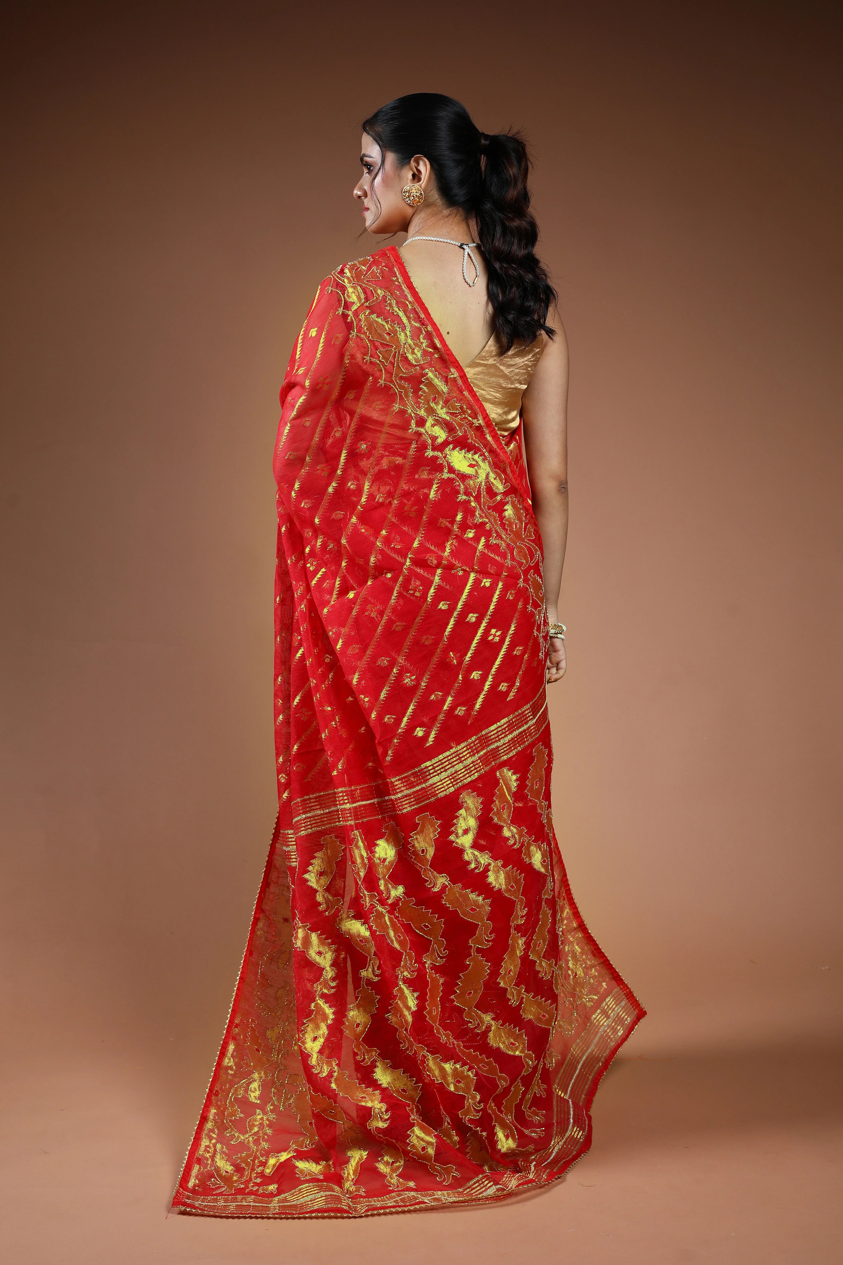Red Semi Karchupi Jamdani Saree With Blouse Piece