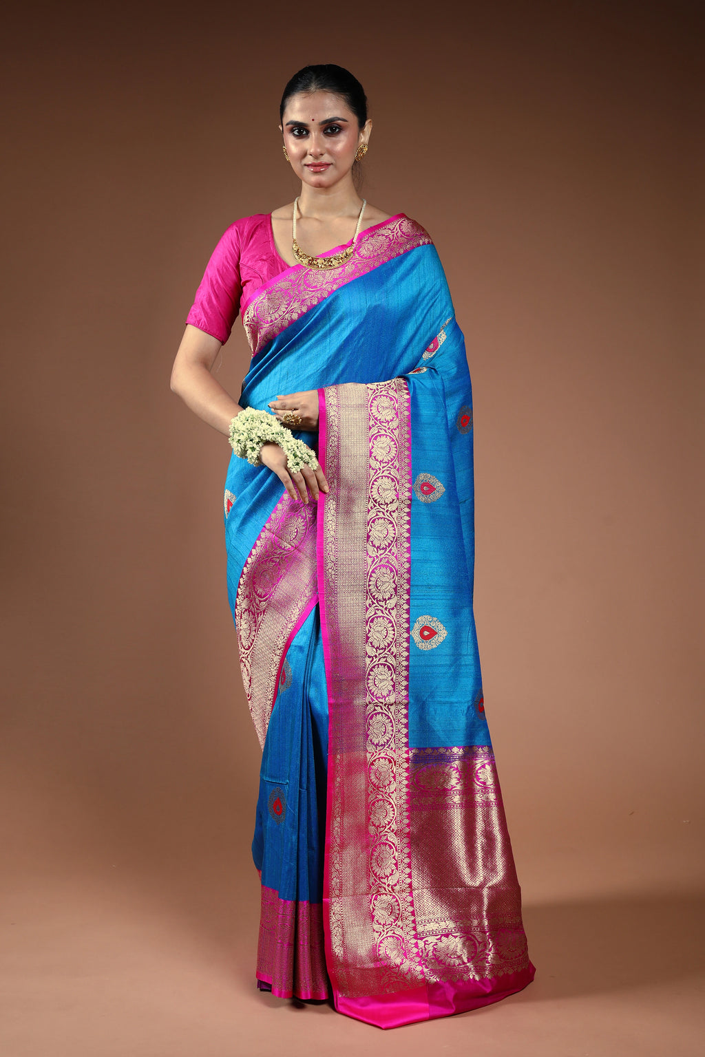 Cobalt Blue Tussar Banarasi Saree With Blouse Piece