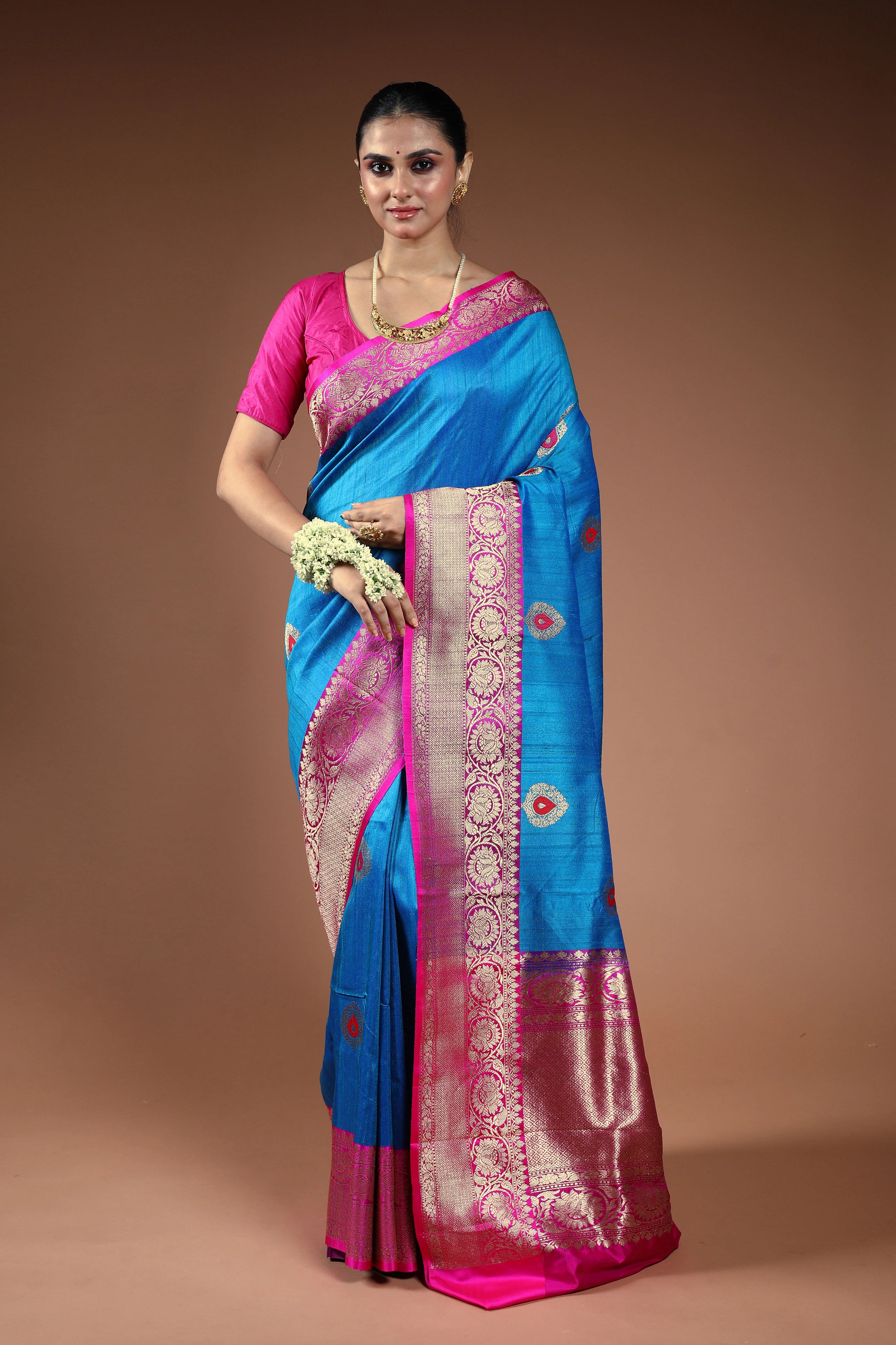 Cobalt Blue Tussar Banarasi Saree With Blouse Piece