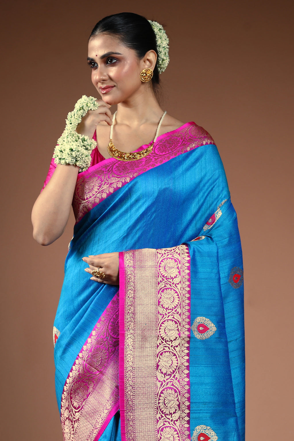 Cobalt Blue Tussar Banarasi Saree With Blouse Piece