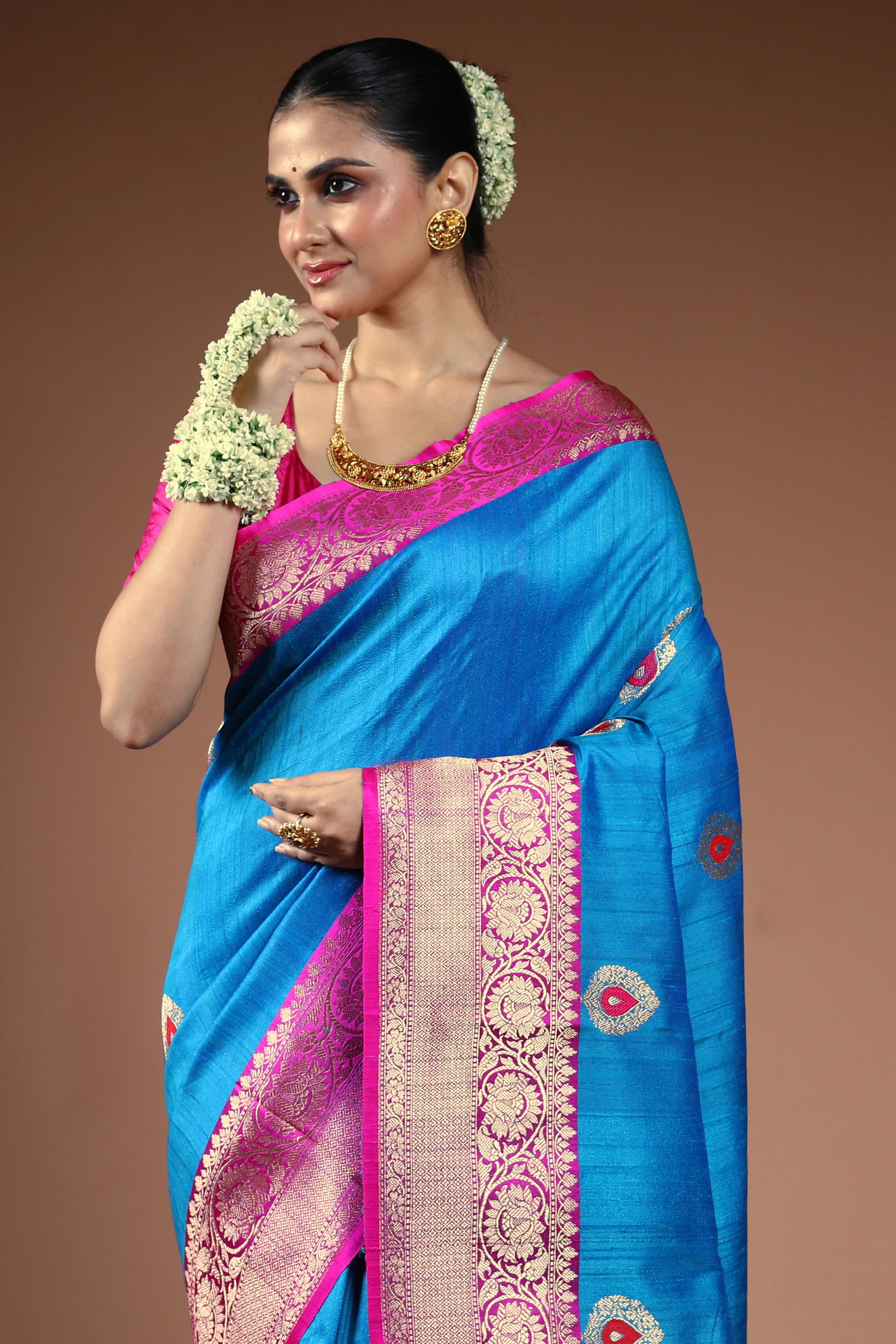 Cobalt Blue Tussar Banarasi Saree With Blouse Piece