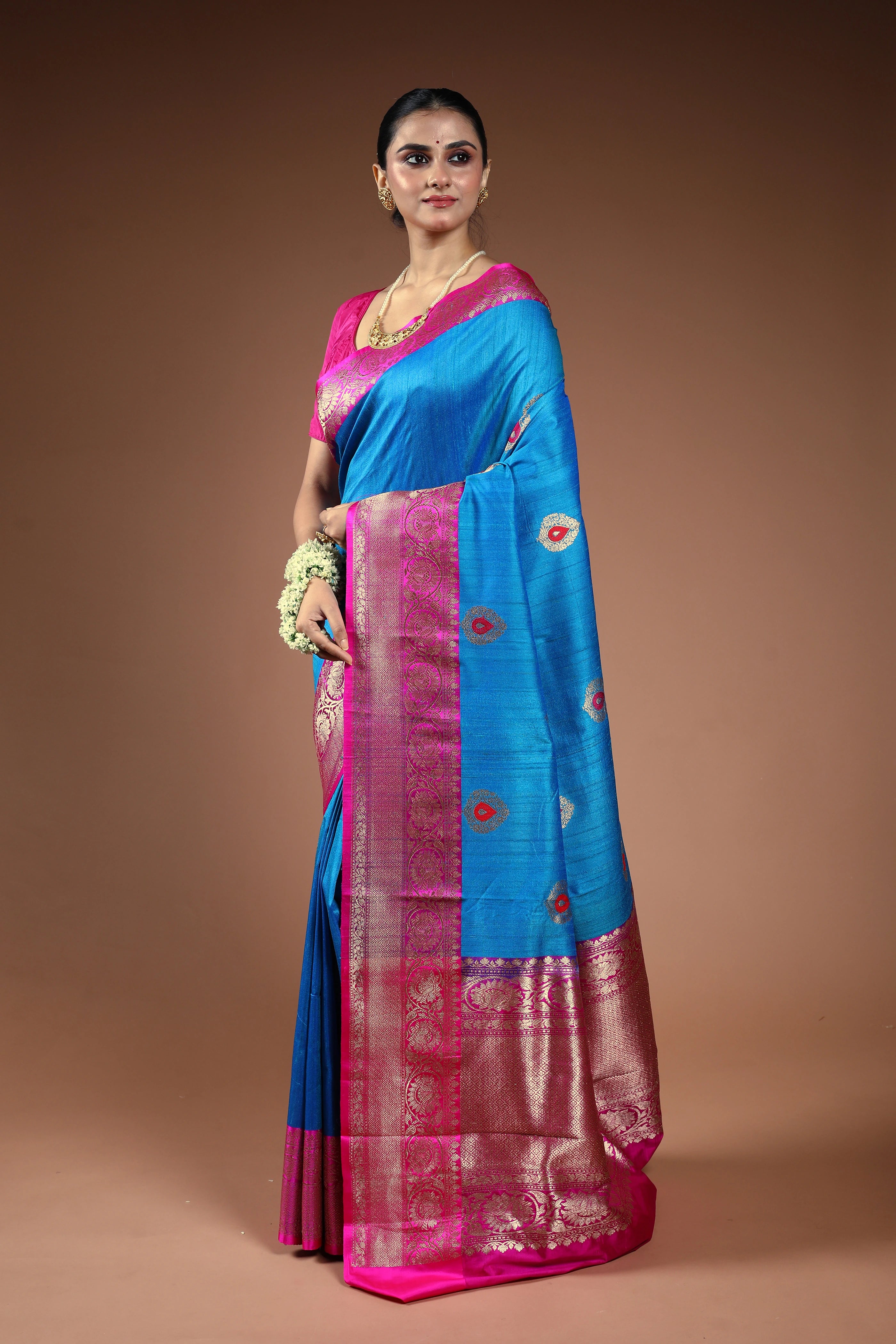 Cobalt Blue Tussar Banarasi Saree With Blouse Piece