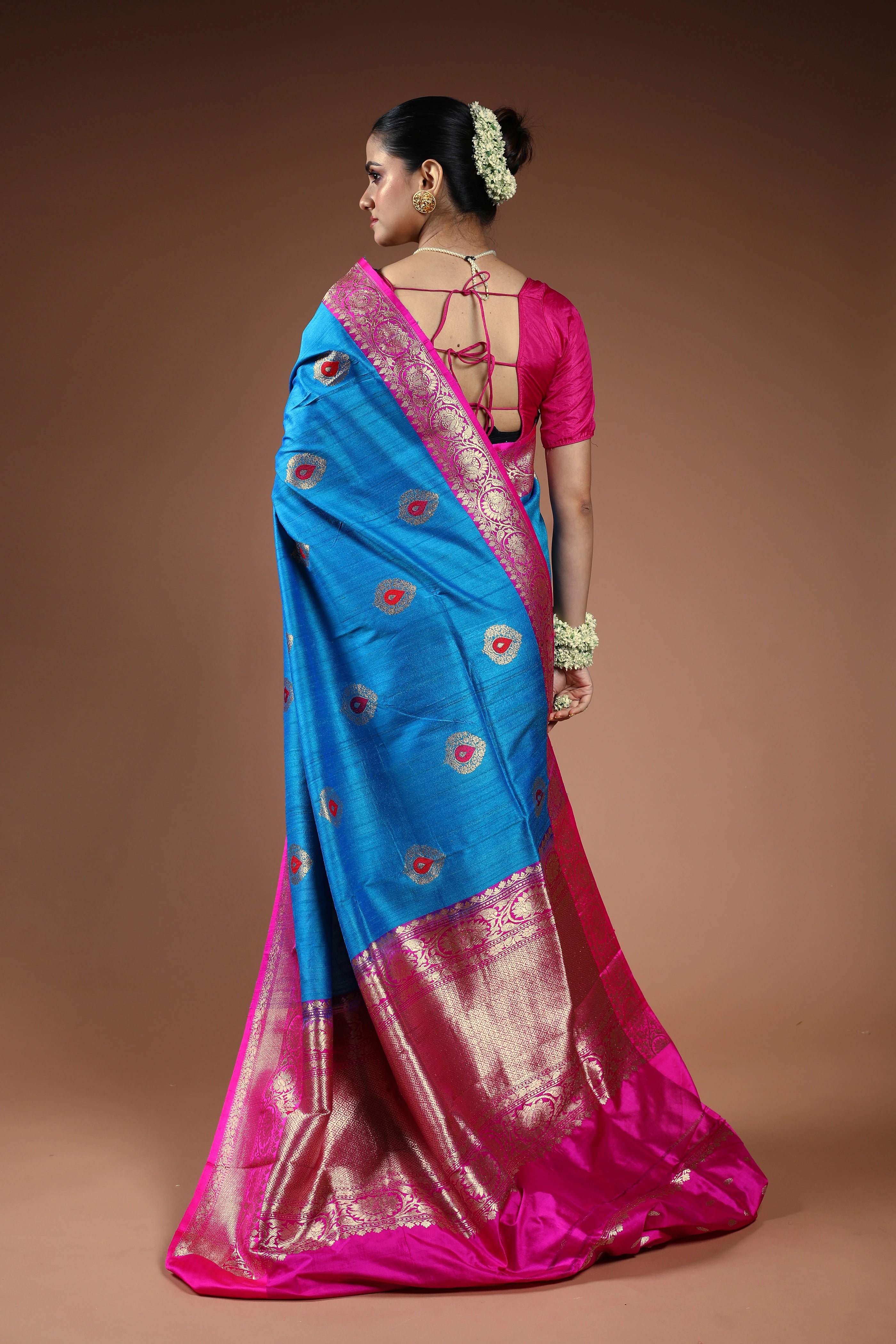Cobalt Blue Tussar Banarasi Saree With Blouse Piece
