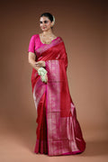 Cherry Red Tussar Banarasi Saree With Blouse Piece