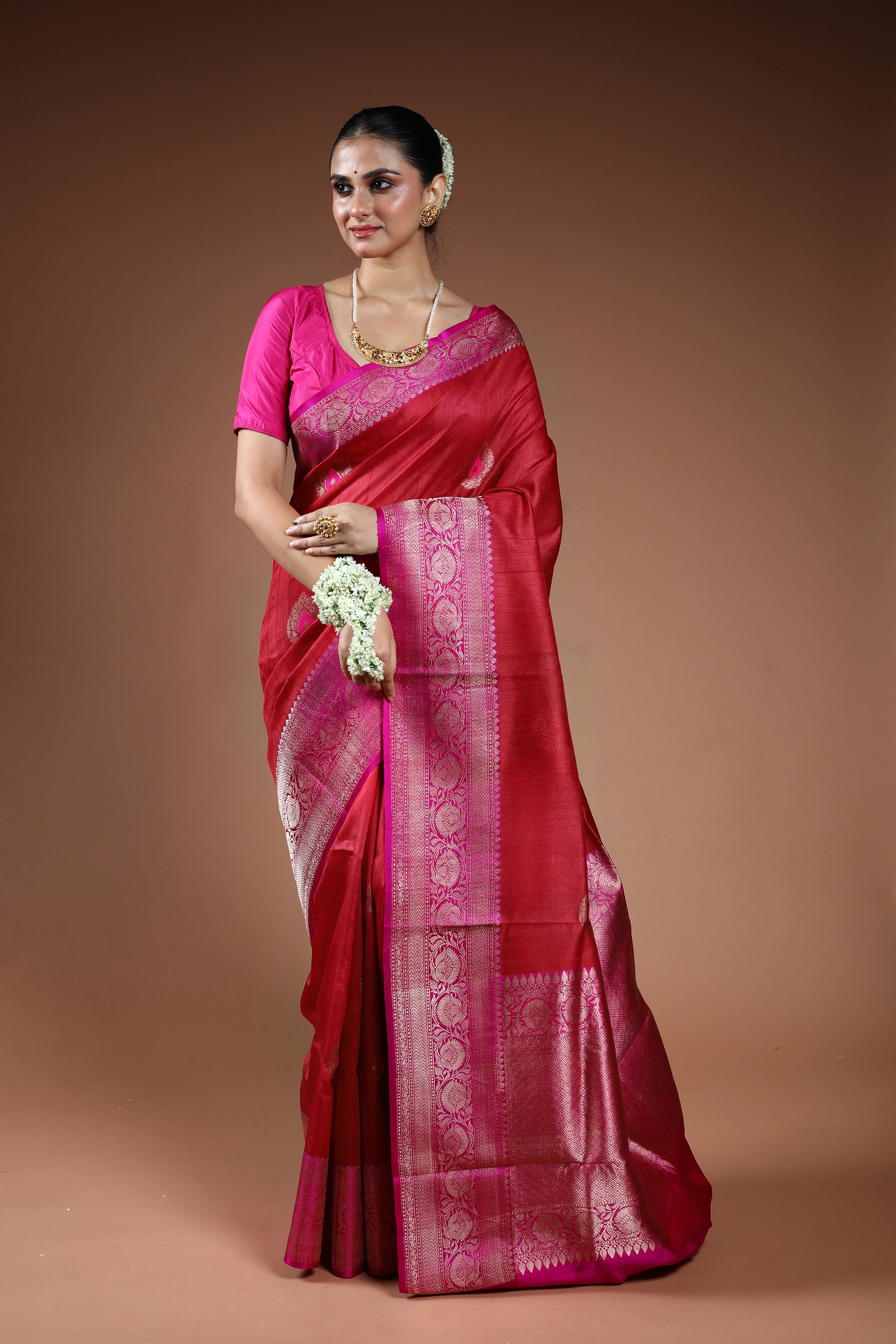 Cherry Red Tussar Banarasi Saree With Blouse Piece