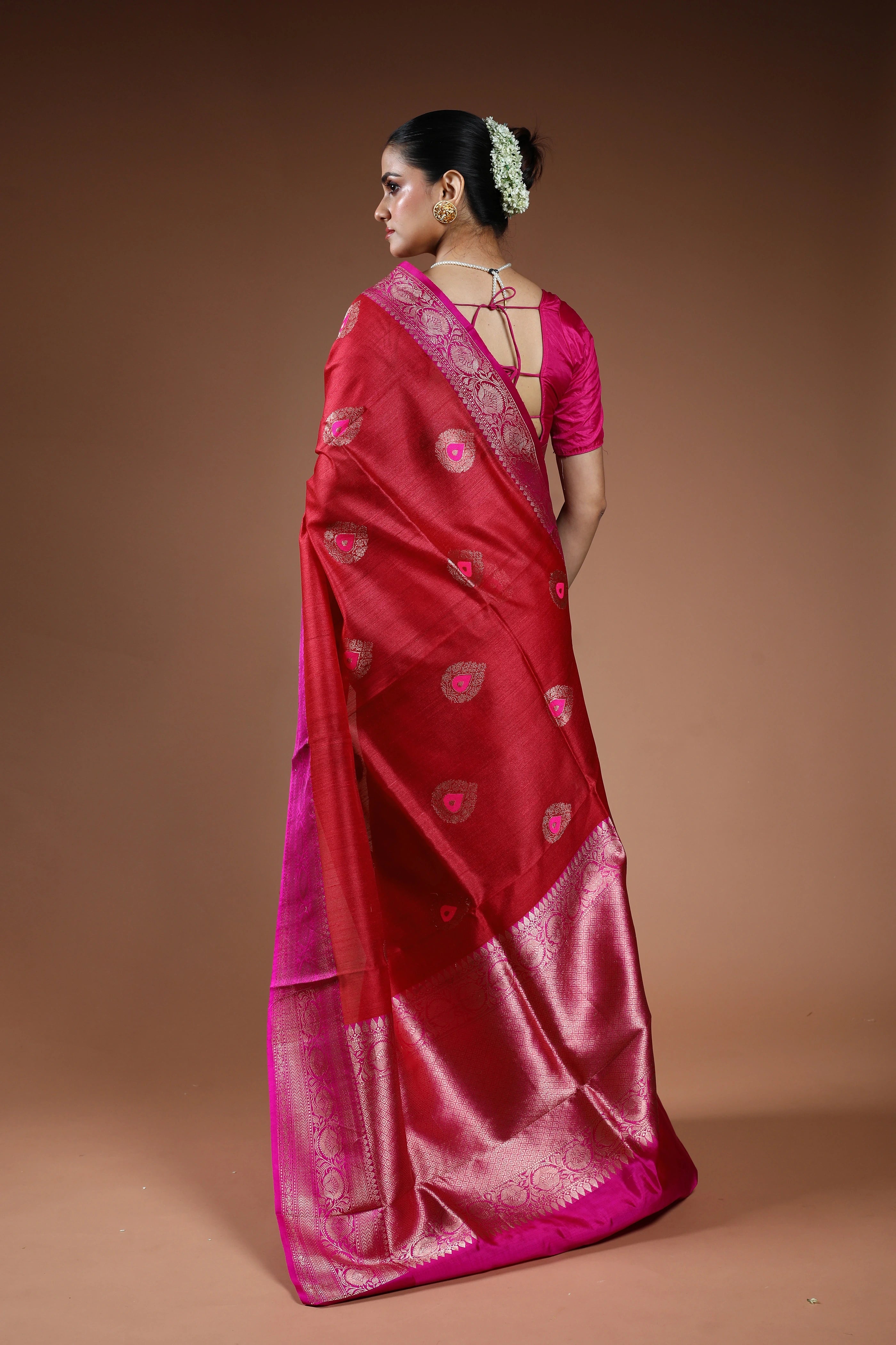 Cherry Red Tussar Banarasi Saree With Blouse Piece